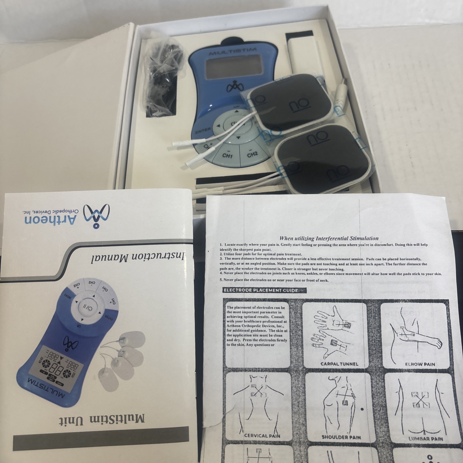 Artheon MultiStim TENS/EMS Unit 2-Channel Handheld w/ Leads Pads Manual