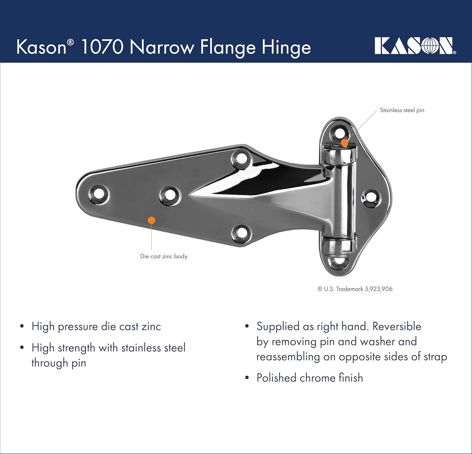 Chrome Narrow Flange Hinge, Right Hand Flush, 11070000004