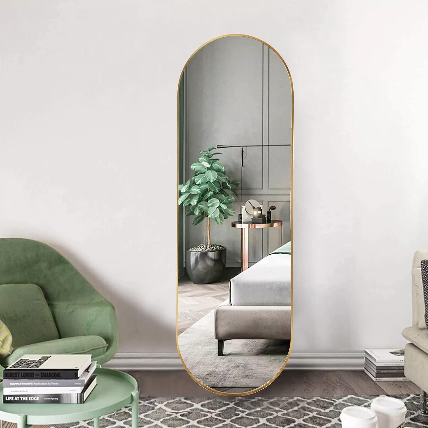 Oval Full Length Mirror, 65″×22″ Wall-Mounted Floor Mirror with Metal Frame, Ult