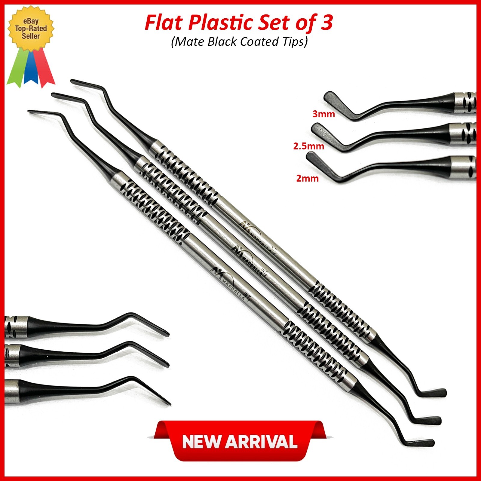 Dental Flat Plastic Composite Filling Instruments Set of 3 Mate Black Tips
