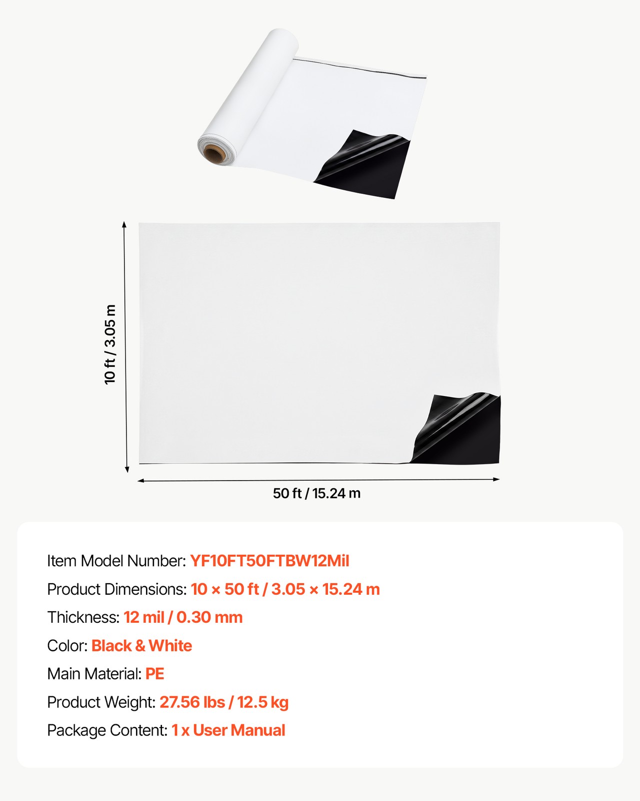 VEVOR 12 Mil Plastic Sheeting Roll 10×50 ft Heavy Duty Polyethylene Black/White