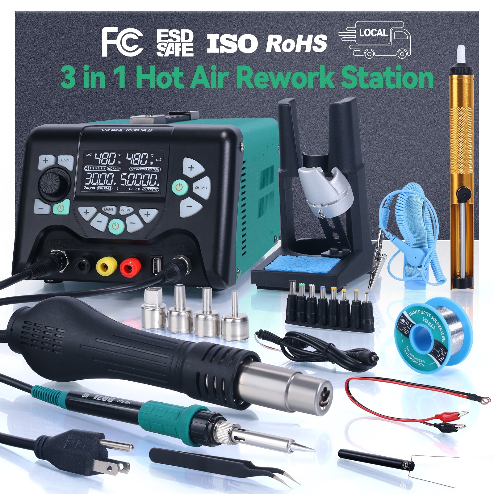 YIHUA 853D 5A-II 30V 5A Hot Air Rework Soldering Iron Station & DC Power Supply