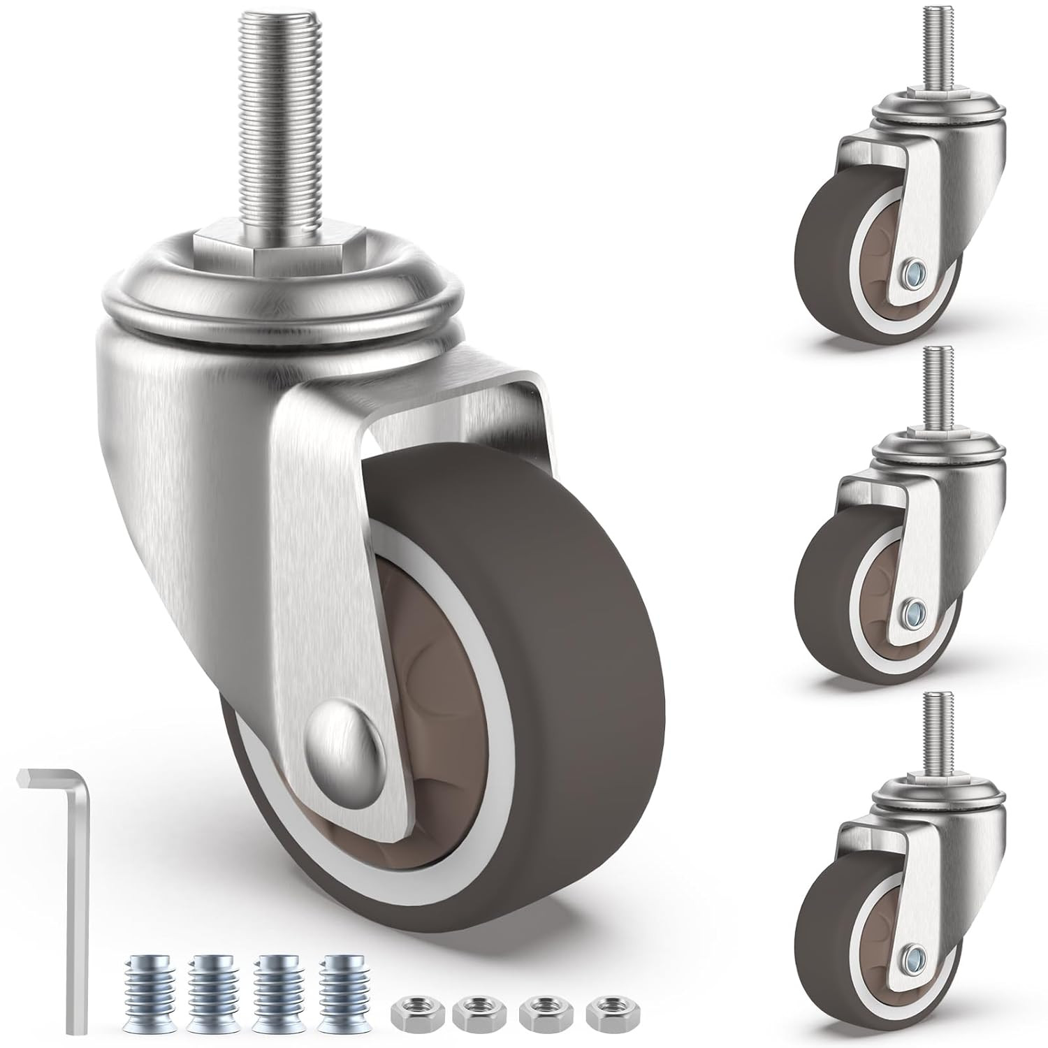 4pc 1.25″ M6 Threaded Stem Caster Wheels Swivel TPR Rubber Silent Furniture 1.25