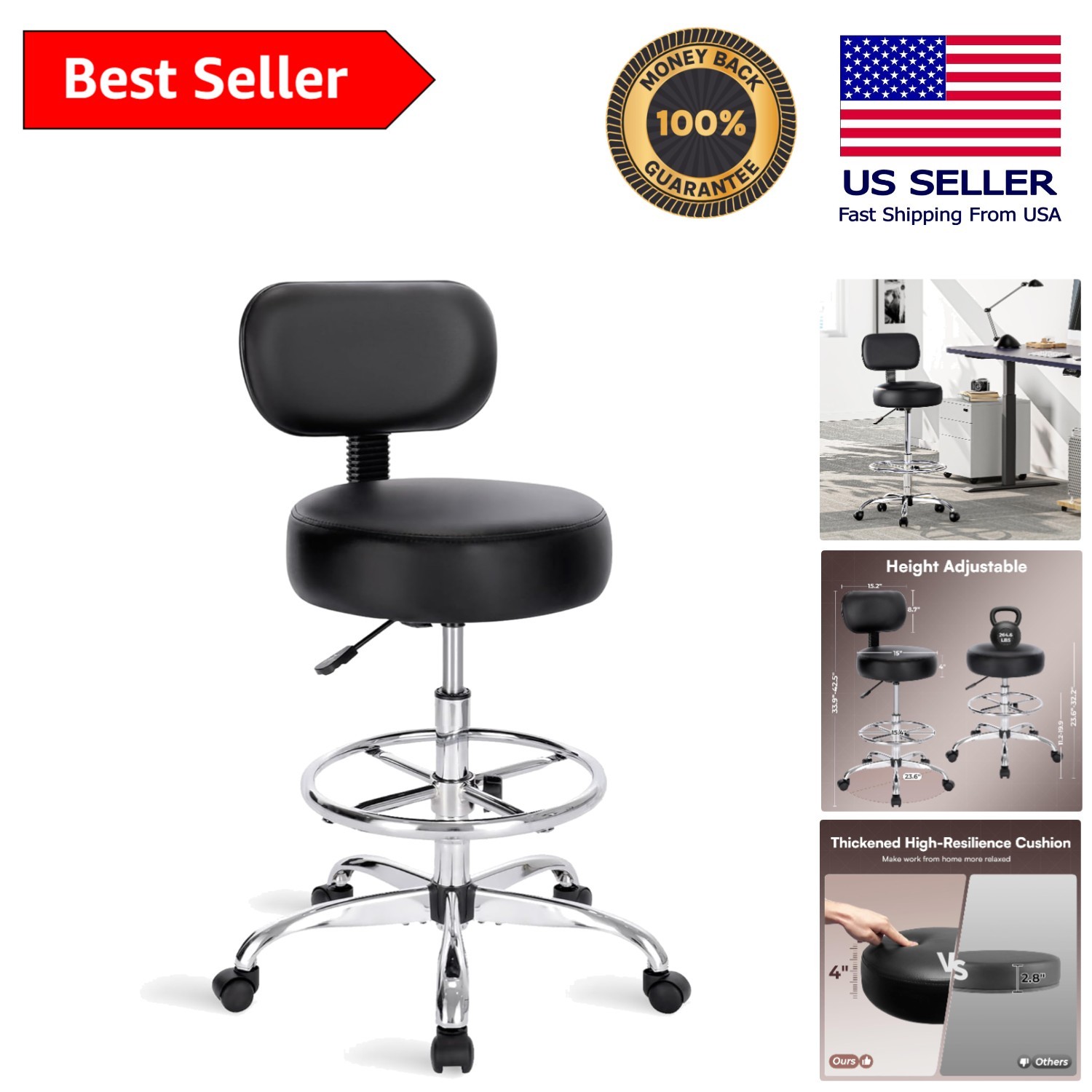 Industrial Design Adjustable Drafting Chair with Swivel and Comfortable Cushion