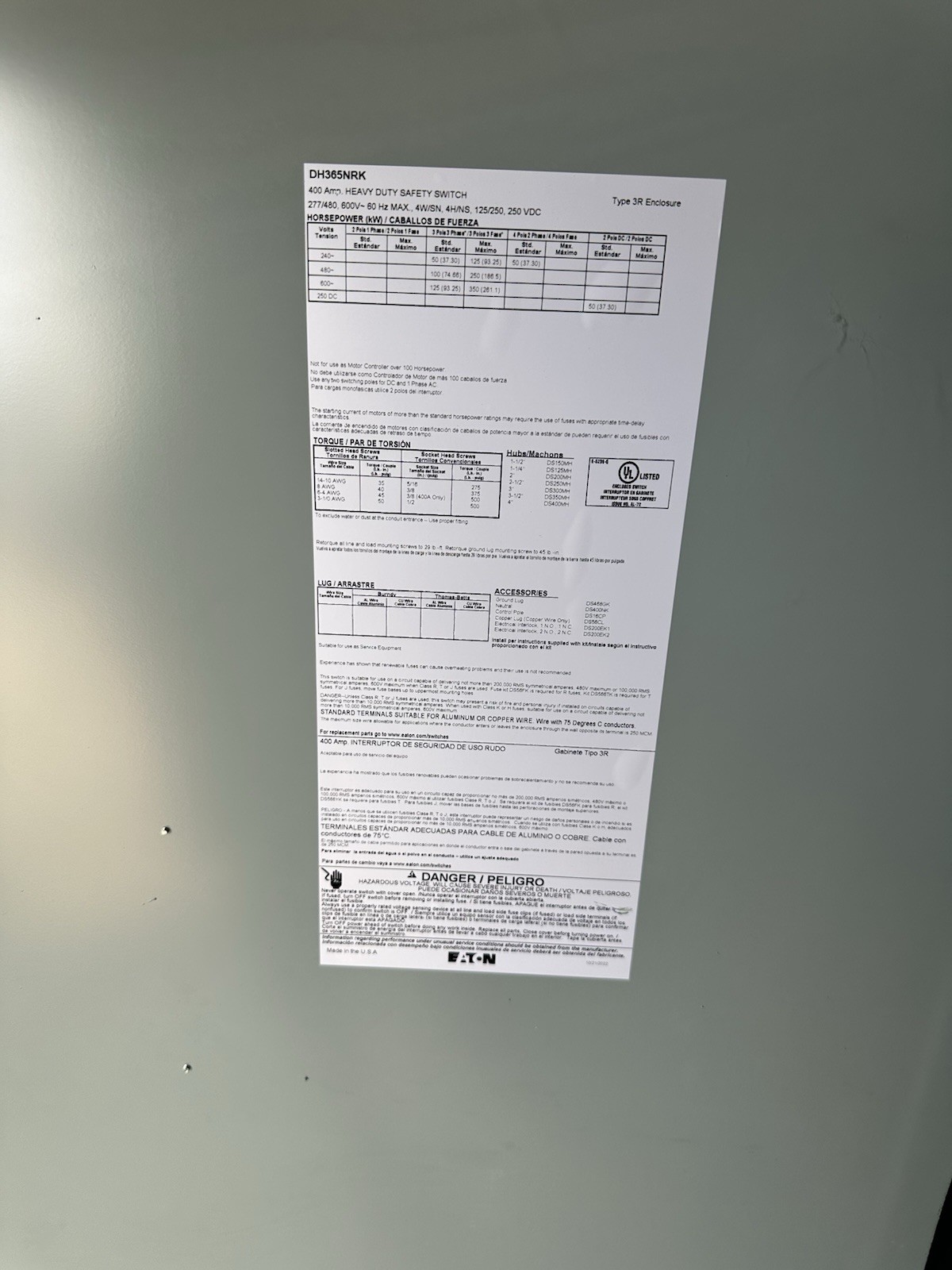 Eaton Heavy Duty Safety Switch 400A 600V 3-Pole DH365NRK Gray Metal