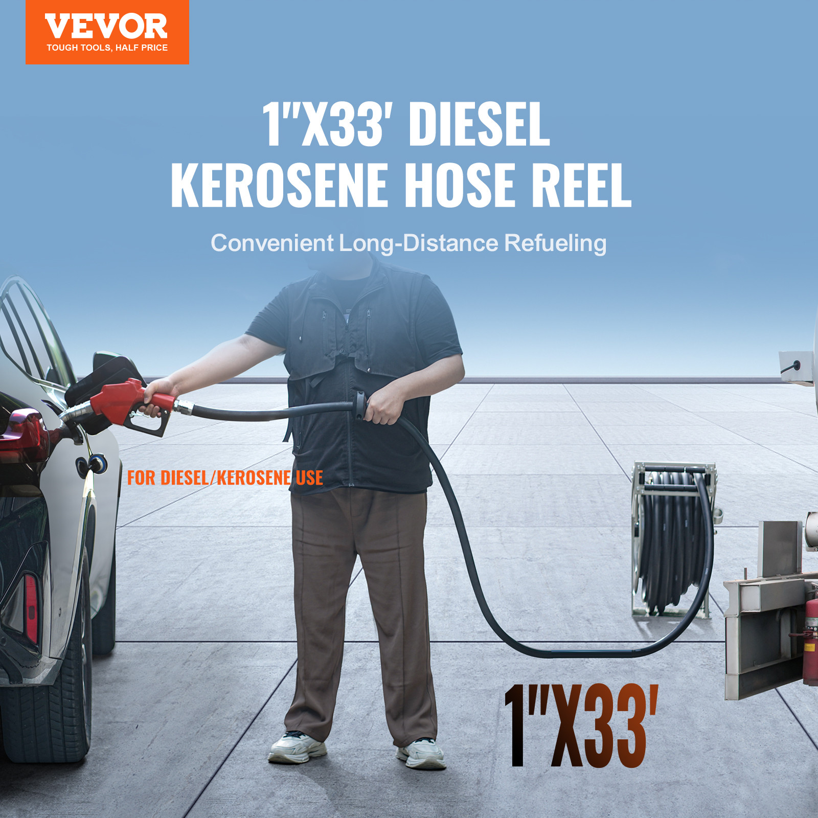 VEVOR Fuel Hose Reel Retractable Diesel Hose Reel 1″ x 33′ Auto Refueling Nozzle