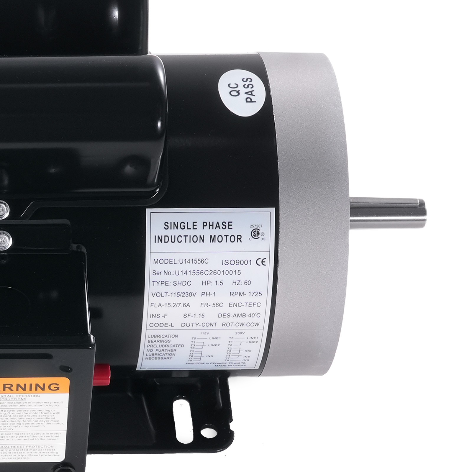 1.5HP Electric Motor 1725RPM AC115V/230V 56 Frame 1-Phase 5/8″ Keyed Shaft