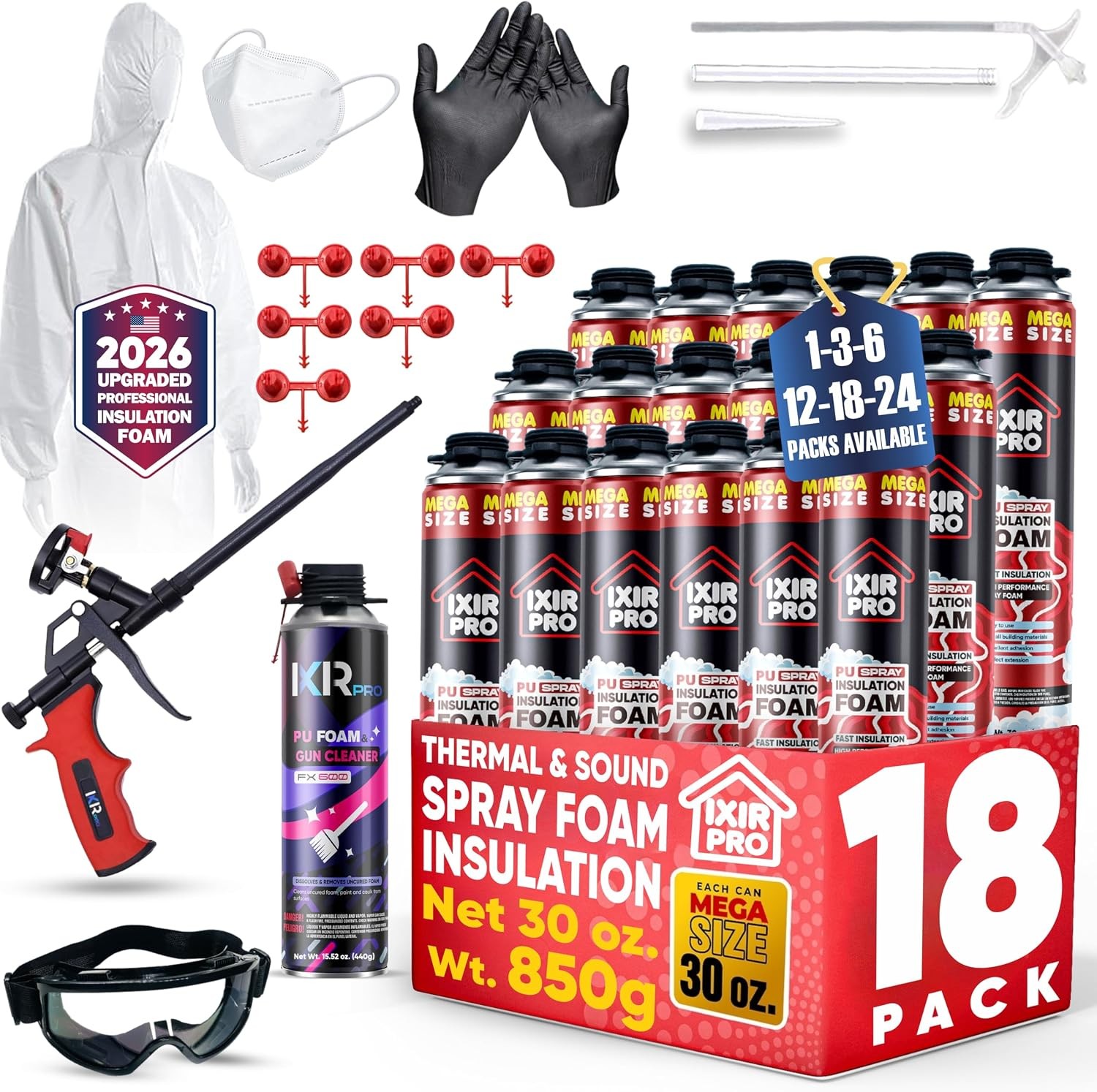 Mega Size Spray Foam Insulation Kit (18×30 oz. / 850 g) Expanding Sealant