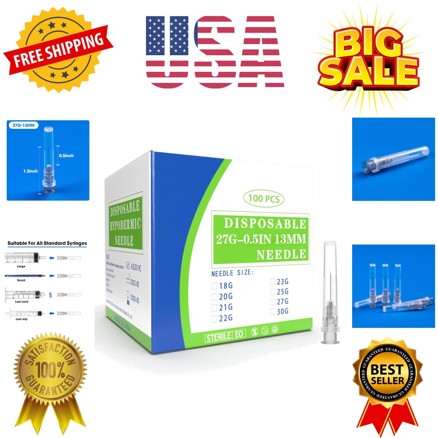 100 Pack 27 Ga 1/2 inch Disposable Needles with Caps for Scientific and Indus…