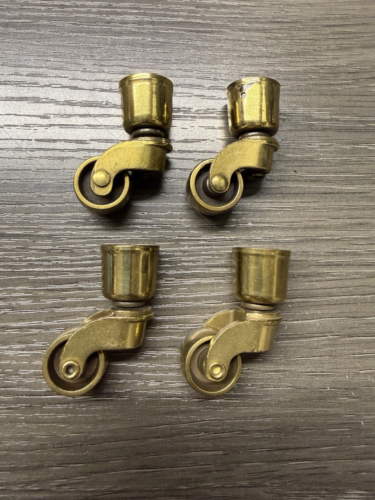 4 Brass Wheels Furniture Swivel Casters Fits 3/4” Diameter Tapered Leg NOS