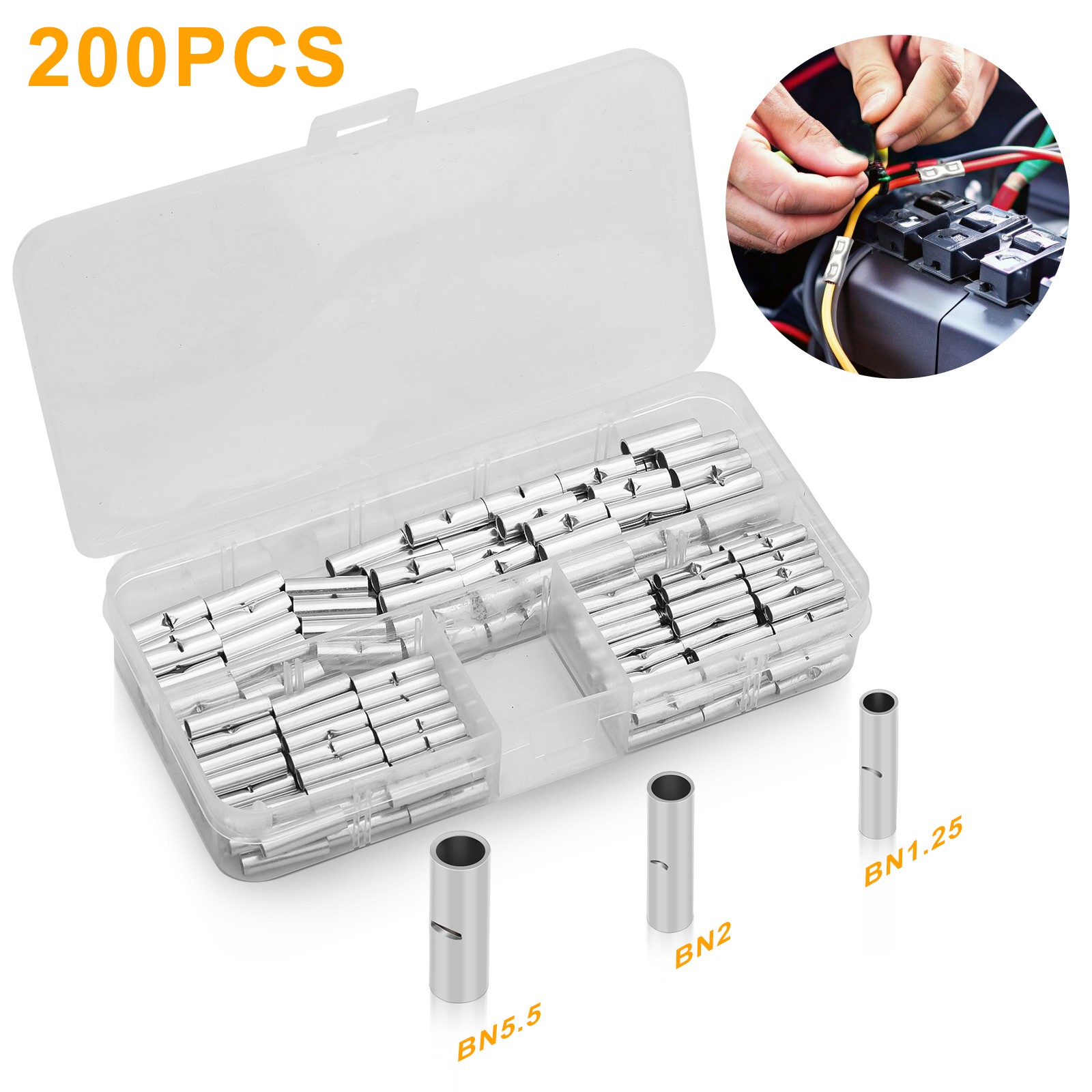 200× Copper Non-Insulated Butt Connector BN Series for Auto Boat Inverter Wiring