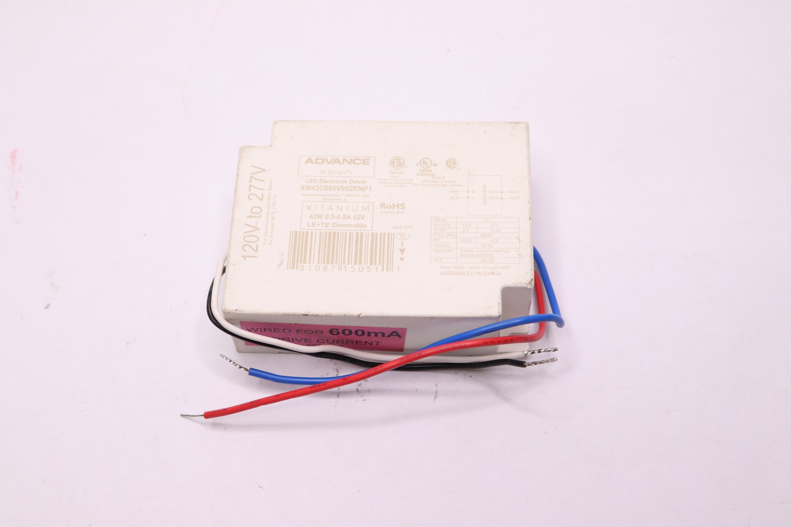 Philips Xitanium LED Electronic Driver 600mA 120V Vin 60V Vout XI042C080V052RNP1