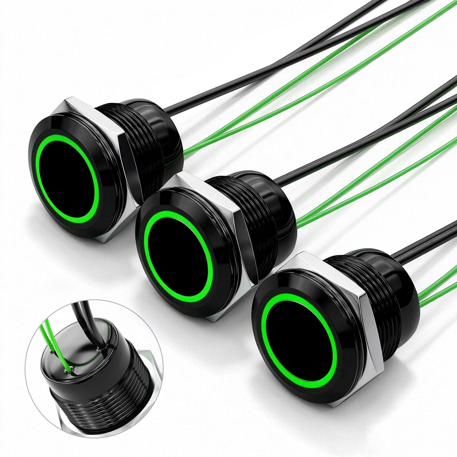 3Pcs 19mm Momentary Push Button Switch IP67 20A 12V-24V Green