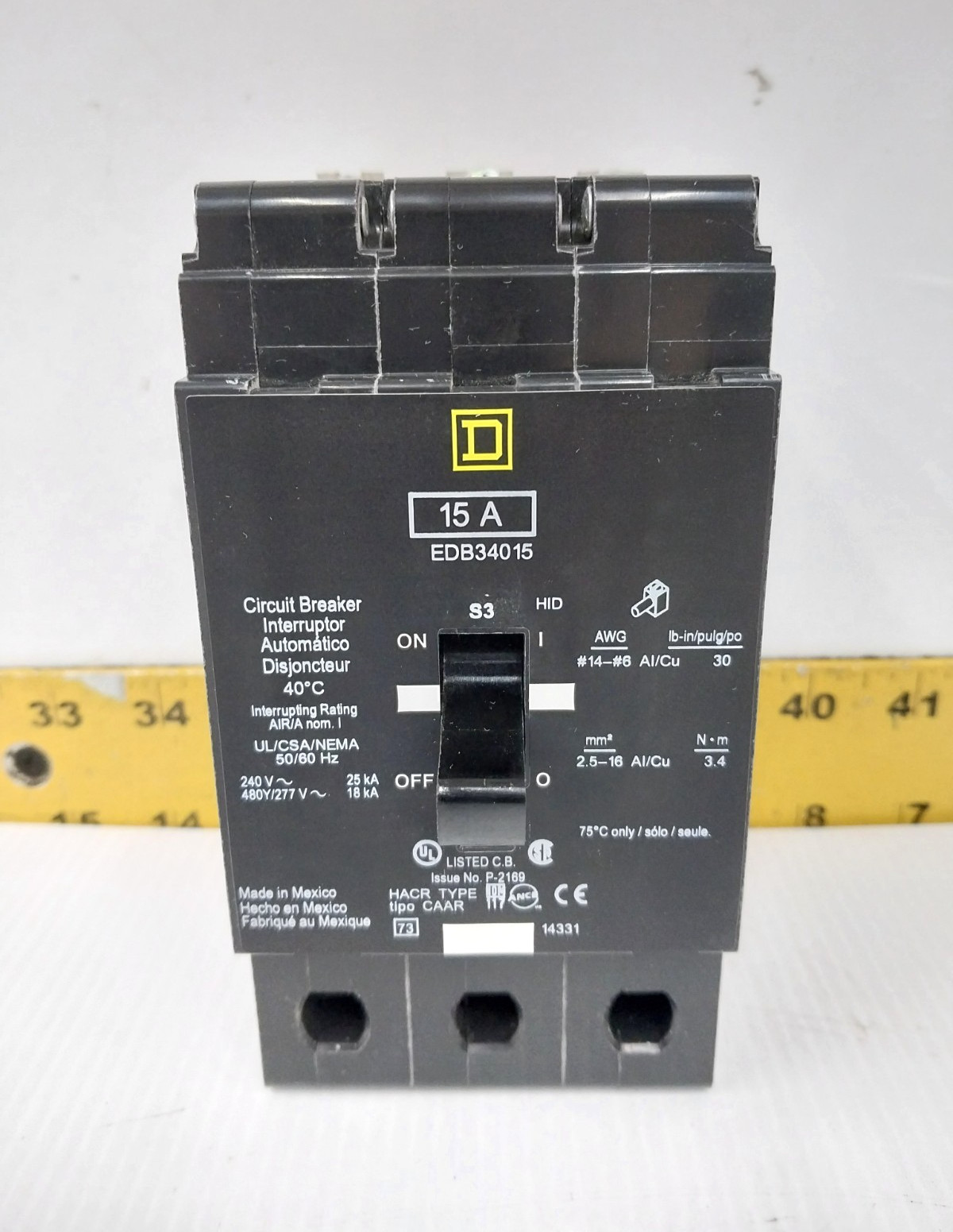 Square D 15 Amp Bolt-On Circuit Breaker 480Y/277 VAC 3 Pole EDB34015