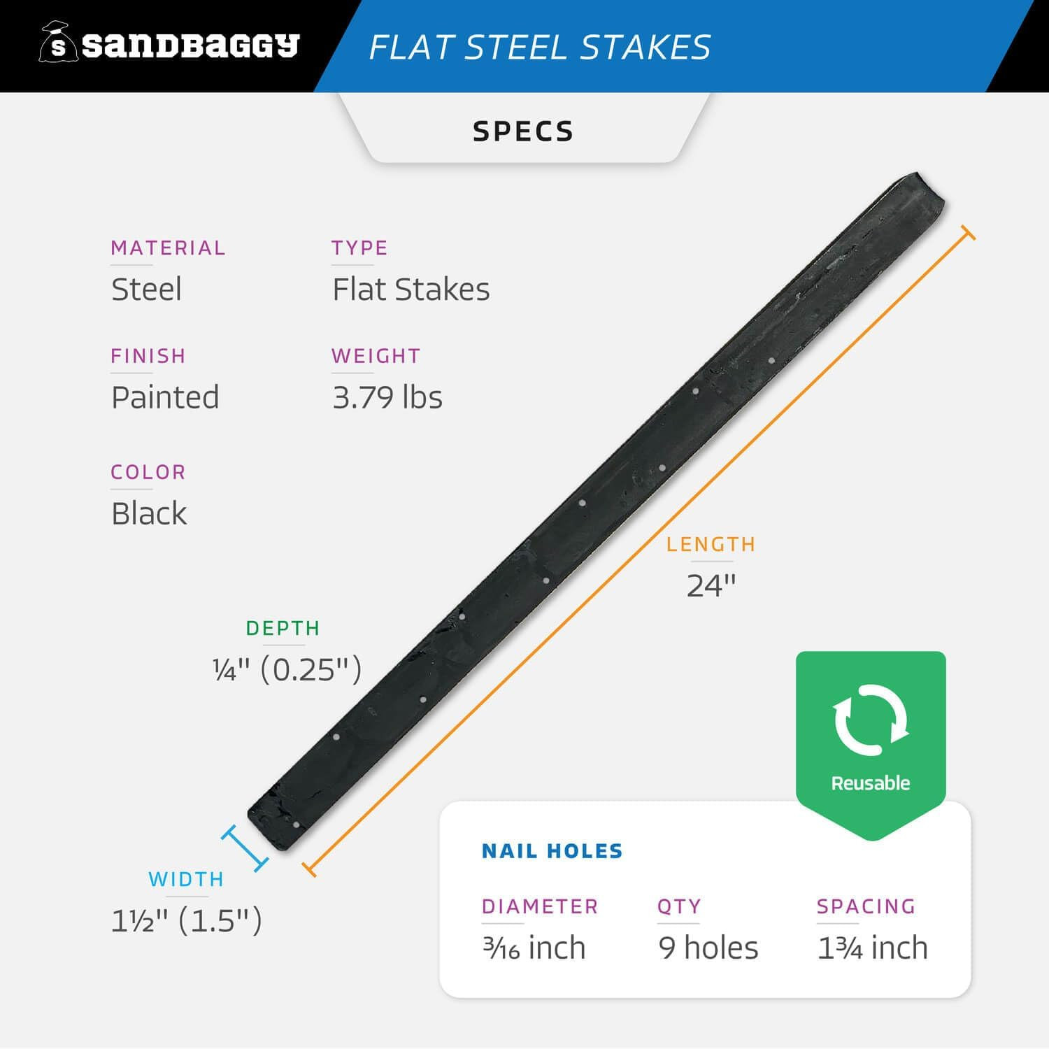 24″ Flat Steel Stakes for Concrete Forms with Nail Holes – 1.5″ Wide – Painted –