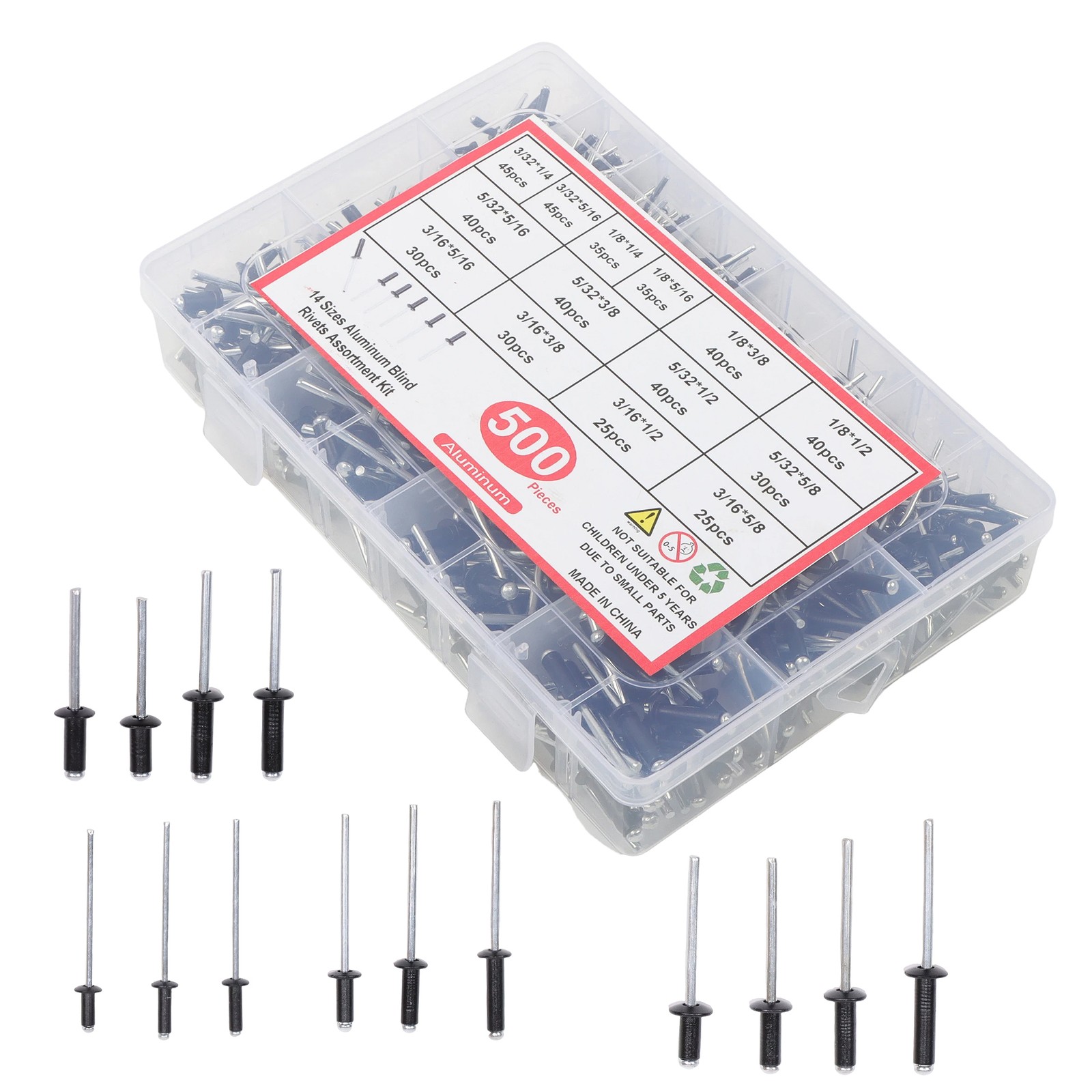 500 sets of rivet kits 3/32″ 1/8″ 5/32″ 3/16″ With 14 Standard Sizes W/ a Box