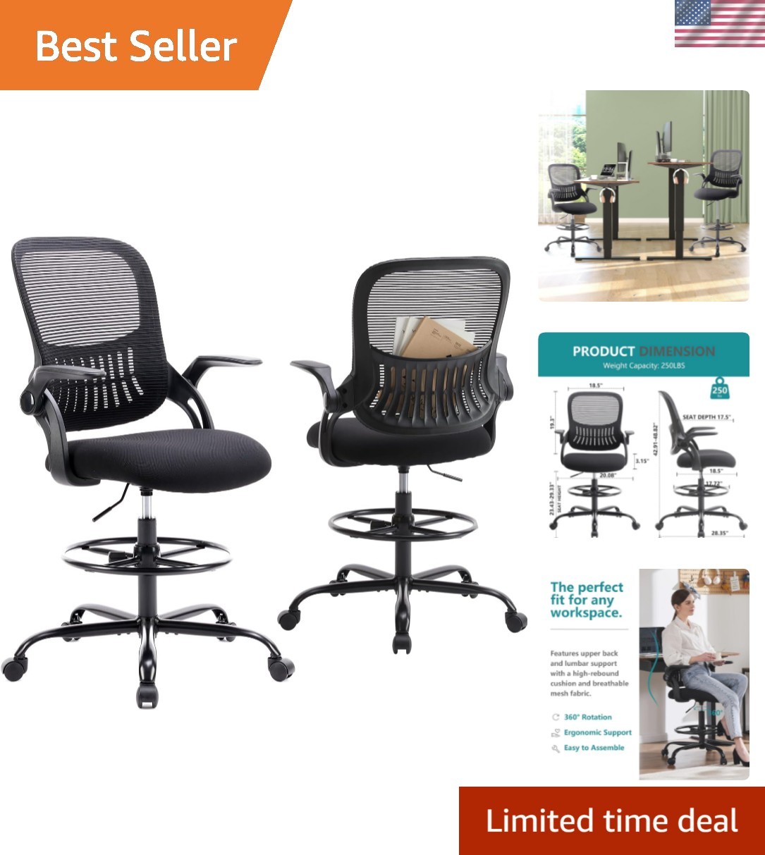 Drafting Chair for Standing Desk, , Flip-up Arms, Ergonomic Mid Back Mesh Rol…