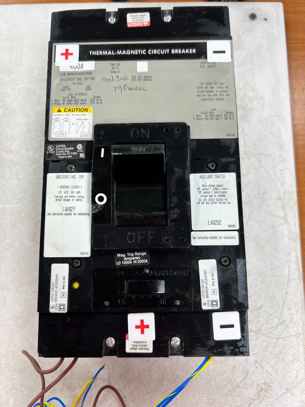 👀 SQUARE D 400A CIRCUIT BREAKER 500 VDC 3P LHL3640030DC1616 W/ AUX & SHUNT TRIP