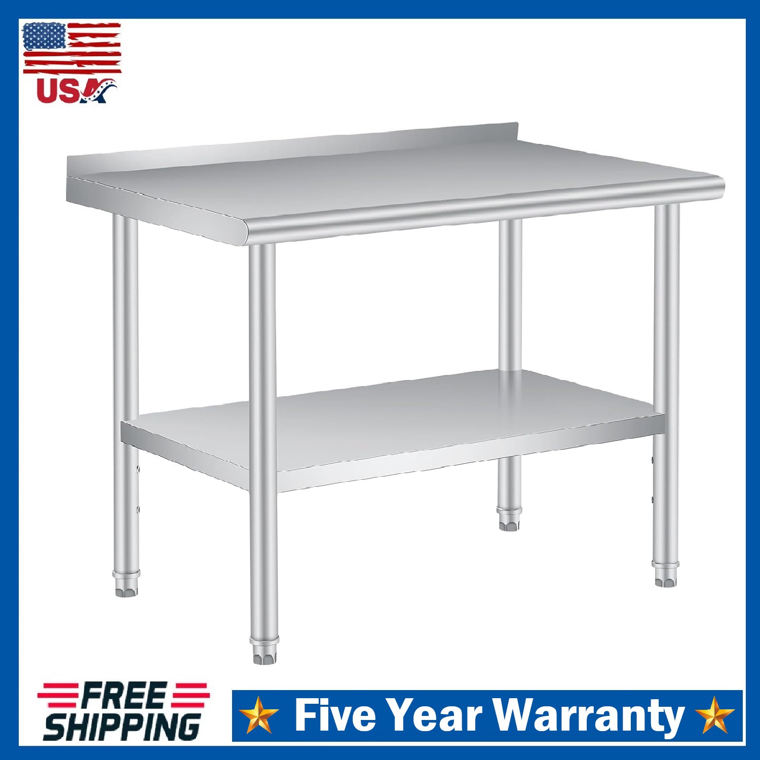 Stainless Steel Work Table w/Backsplash Heavy Duty Commercial Kitchen Prep Table