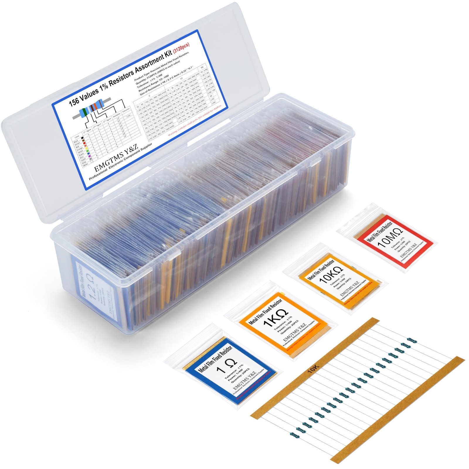 3120 Pcs 1/4W Metal Film Resistor Kit, 156 Values, ±1% Precision 1Ω-1MΩ