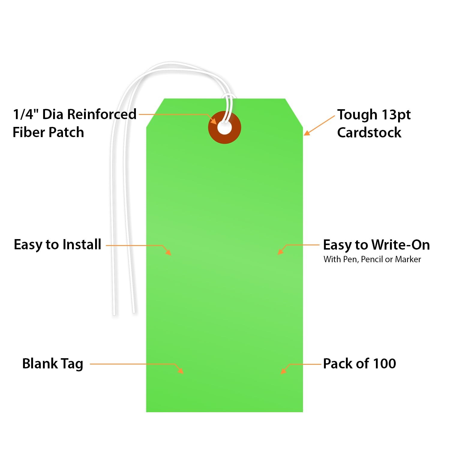 100 Pack Fluorescent Green Blank Tags With String 4.75×2.375 In Size #5 USA