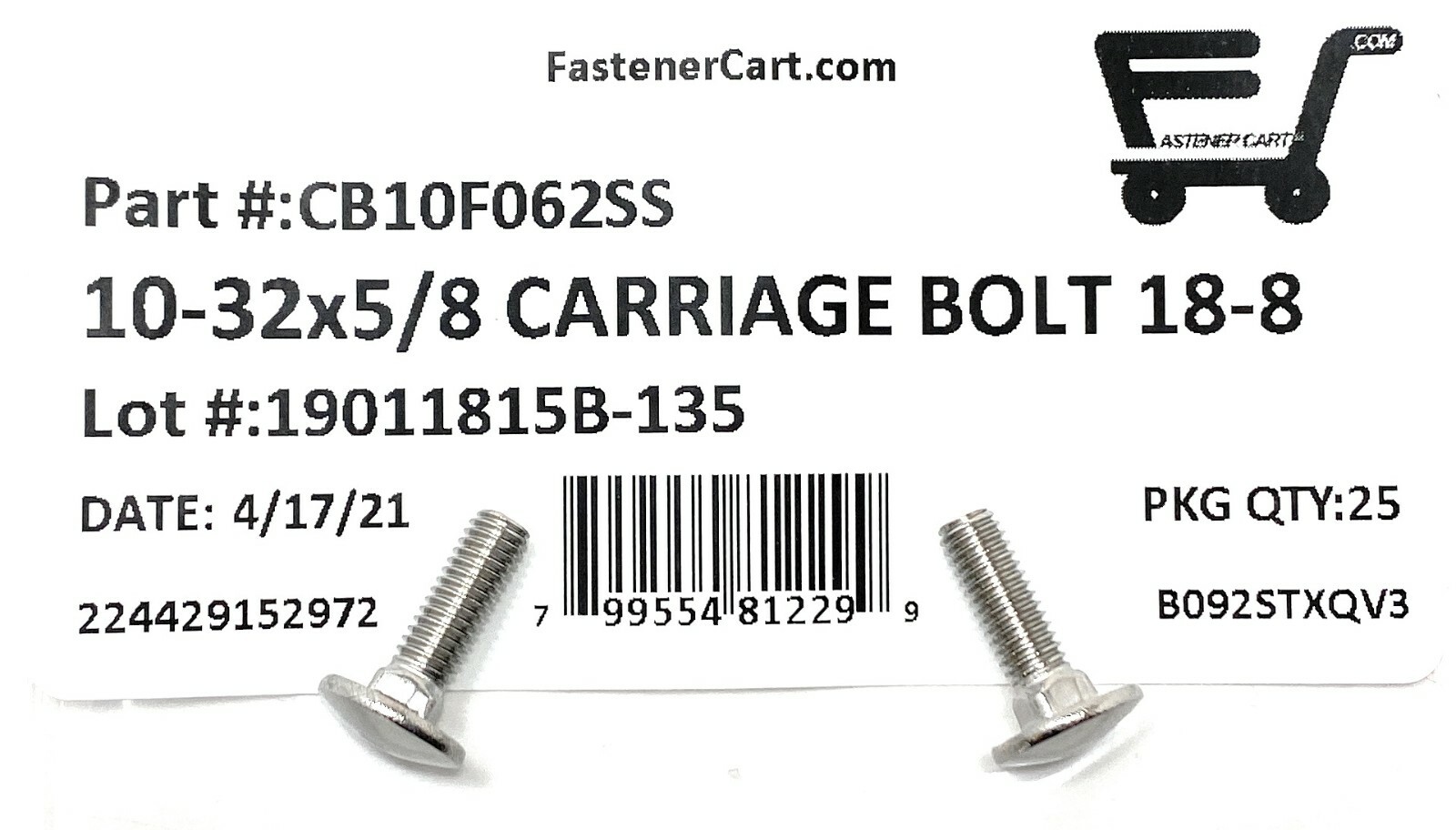 (25) 10-32 x 5/8 Carriage Bolts 18-8 Stainless Steel Fine Thread UNF