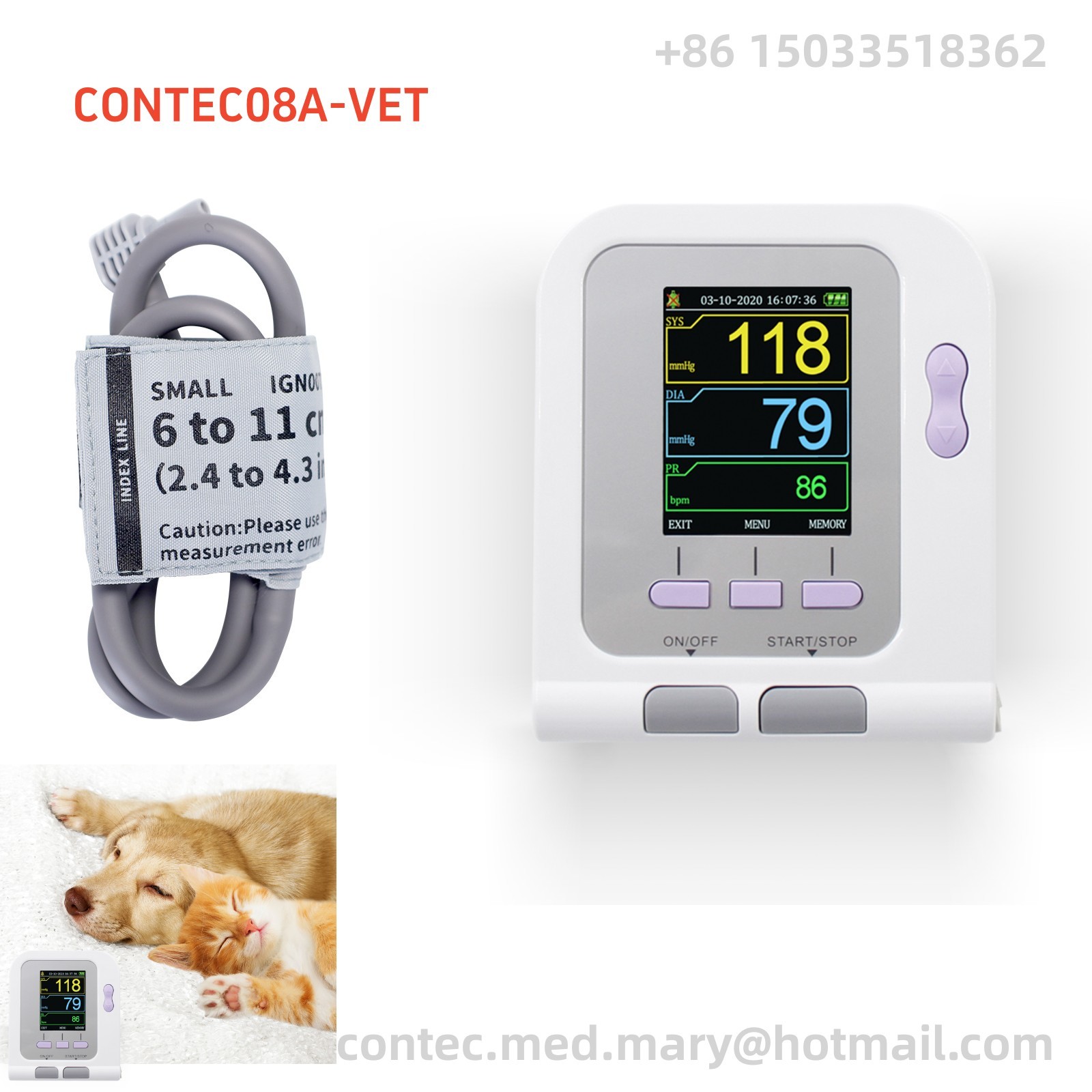CONTEC08A-VET Vet Blood Pressure Monitor NIBP PR with Cuff 2.8″ Color LCD