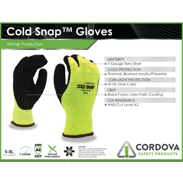Cordova 3999 Cold Snap Insulated Work Gloves, Latex Grip (S-XL)