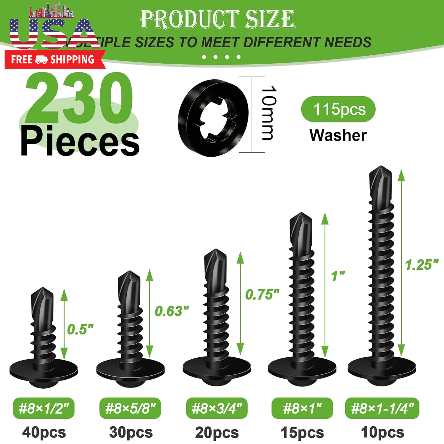 230PCS #8 Self Tapping Screws for Metal,410 Stainless Steel Self Drilling Screws