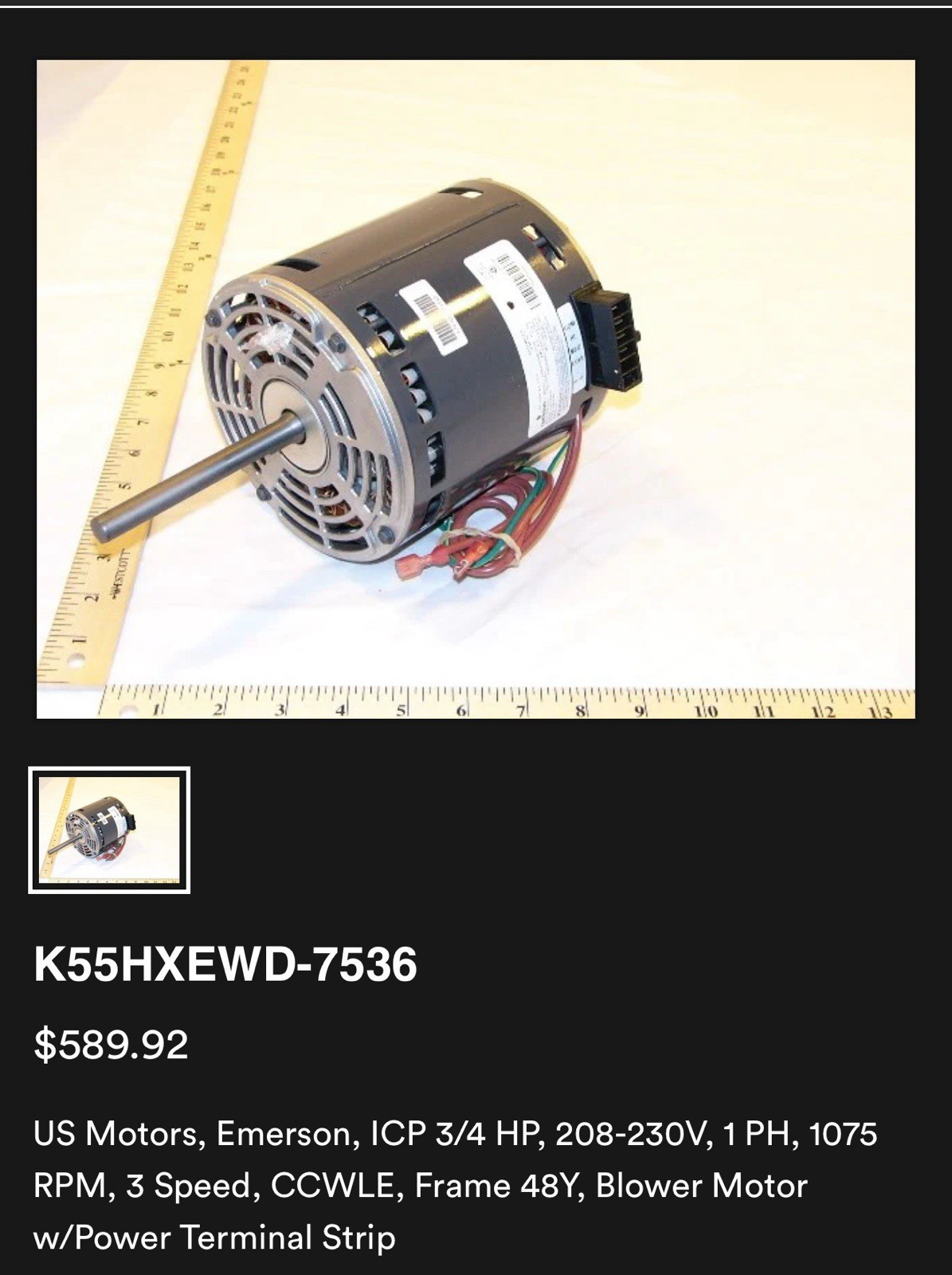 NEW* Emerson K55HXEWD-7536 3/4 HP Blower Motor 208-230V 3-Speed CCWLE