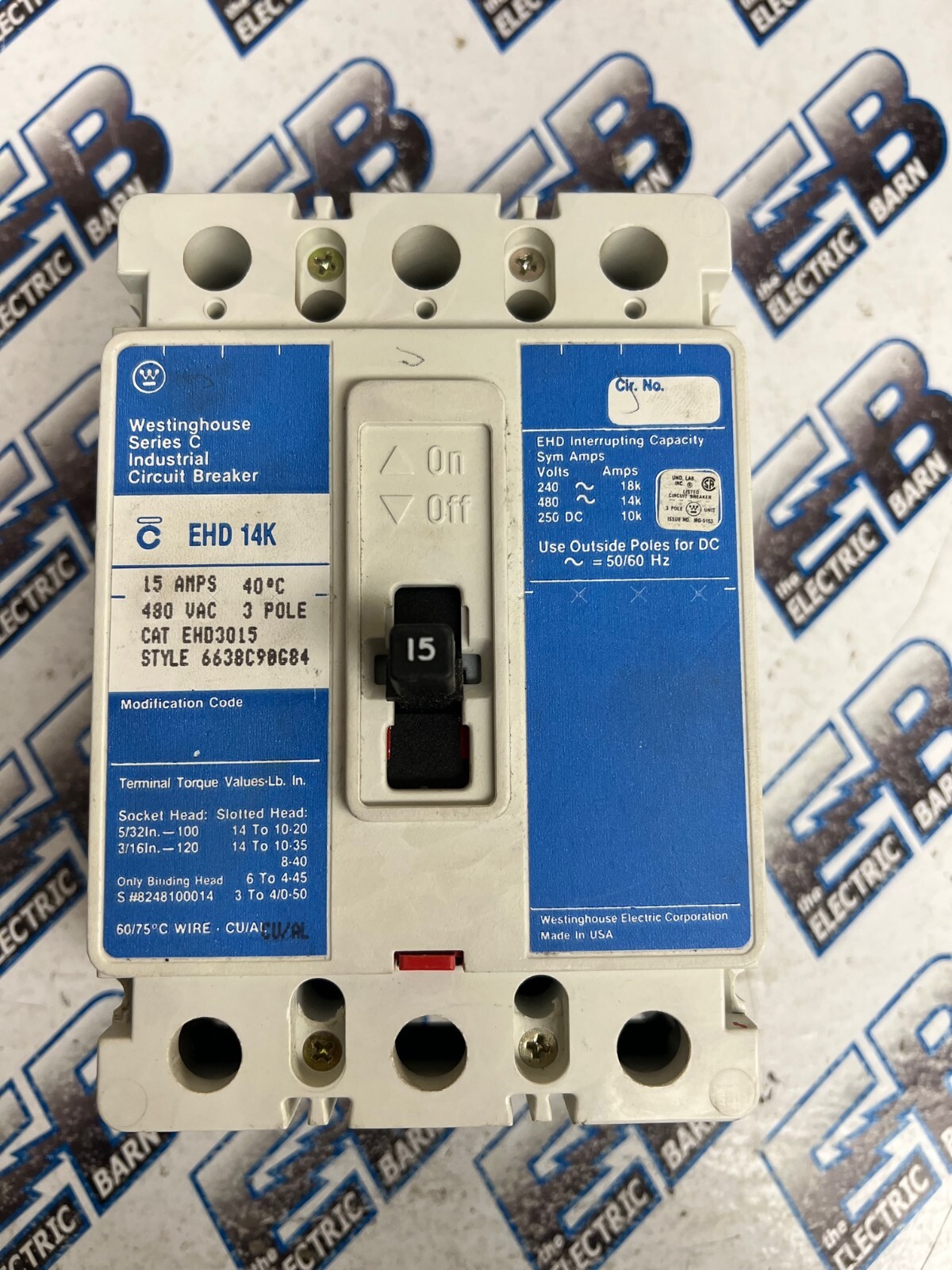 Westinghouse EHD3015, 15 Amp, 480 Volt, 3 Pole, Circuit Breaker- WARRANTY
