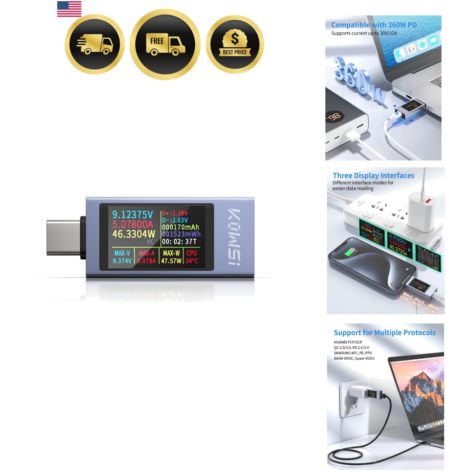 USB C Tester Power Meter, 4-30V 0-12A Type-C PD Tester Digital Multimeter, Vo…