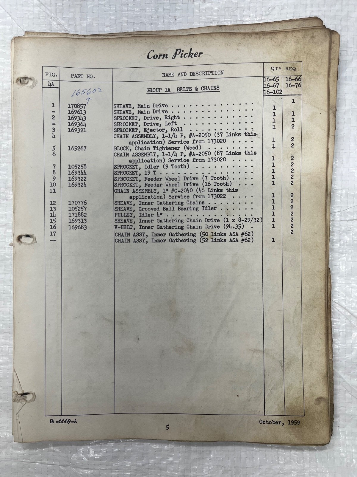 Ford Mounted Corn Pickers & Harvesters Series 601 602 Master Parts List