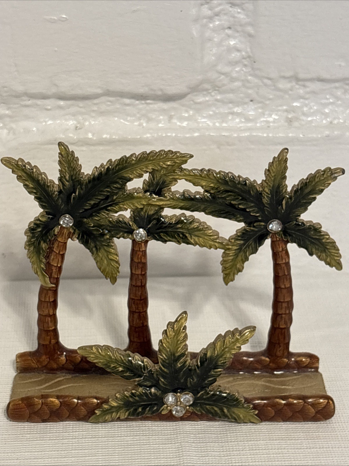 VTG Enamel Heavy Business Card Holder Desk Palm Trees Rhinestones Metal Art