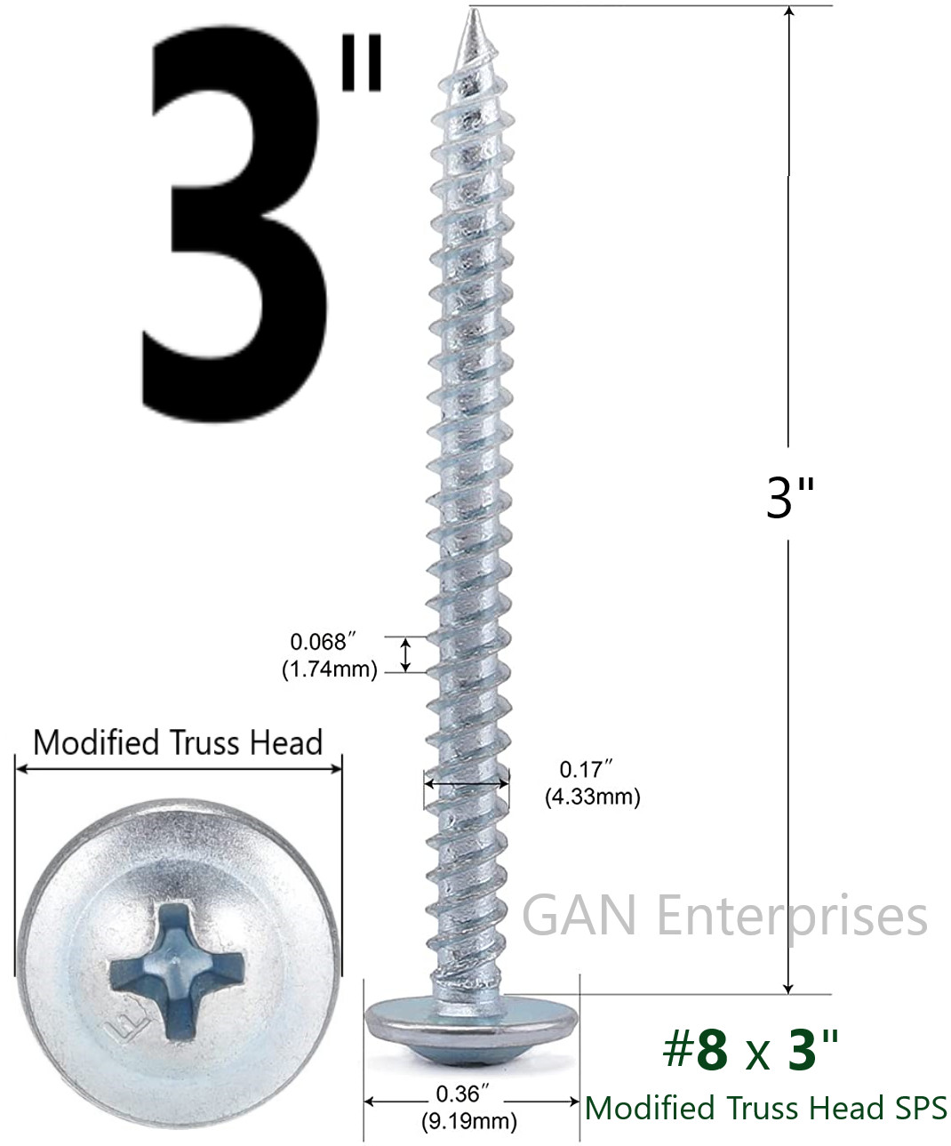 Modified Truss Head Phillips Self piercing sharp point screws #8 x 1/2″- 3″ Zinc