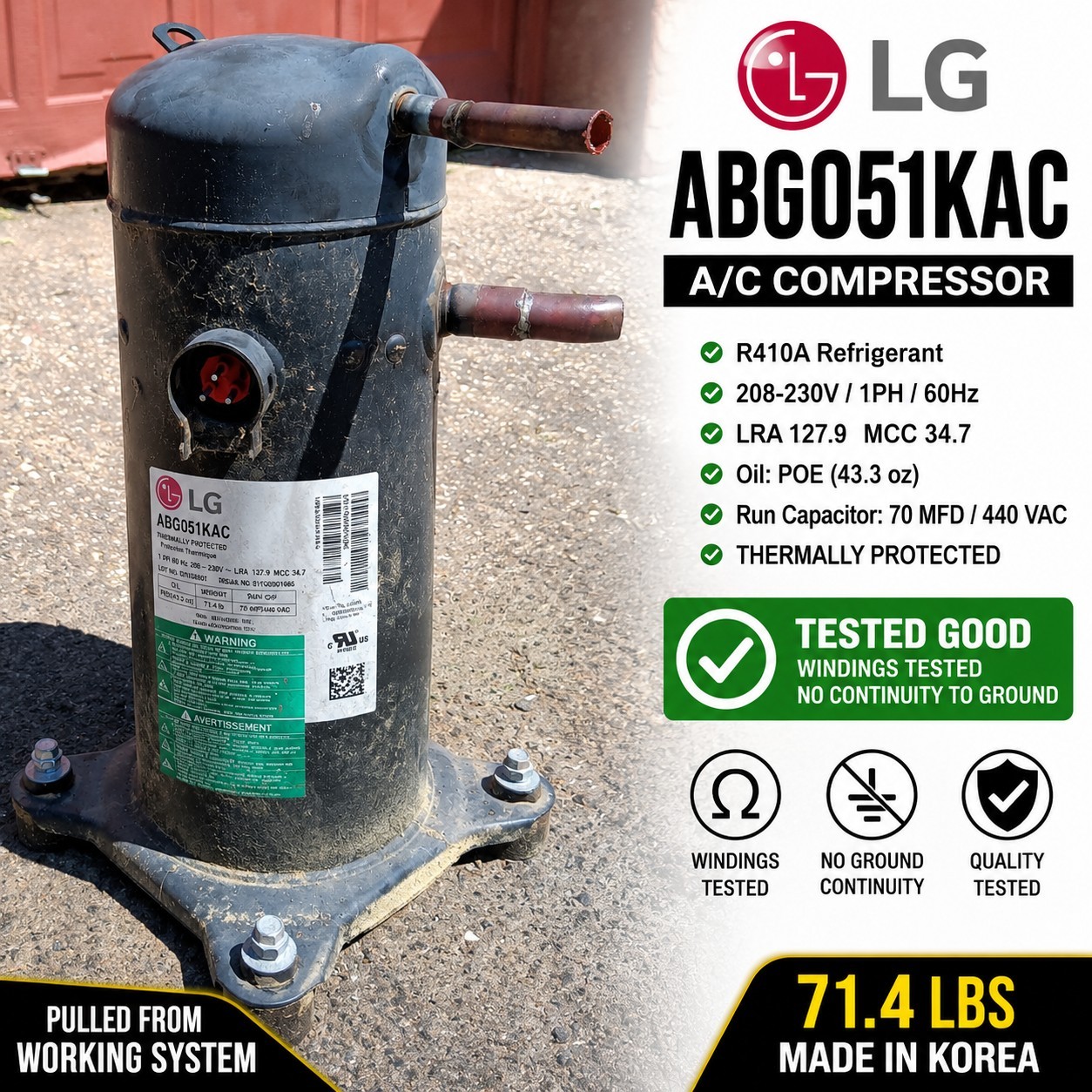 LG ABG051KAC Scroll Compressor 104161-09 Rheem USED TESTED 55-107225-03