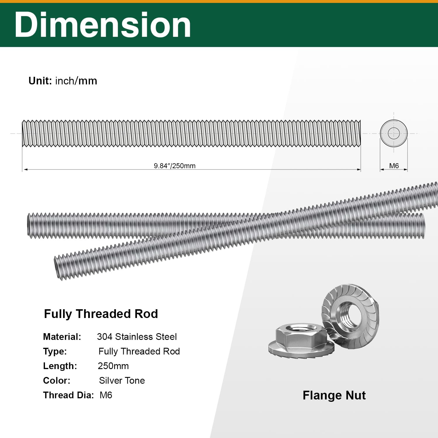 M6-1.0X250Mm Fully Threaded Rod Studs, 304 Stainless Steel Long