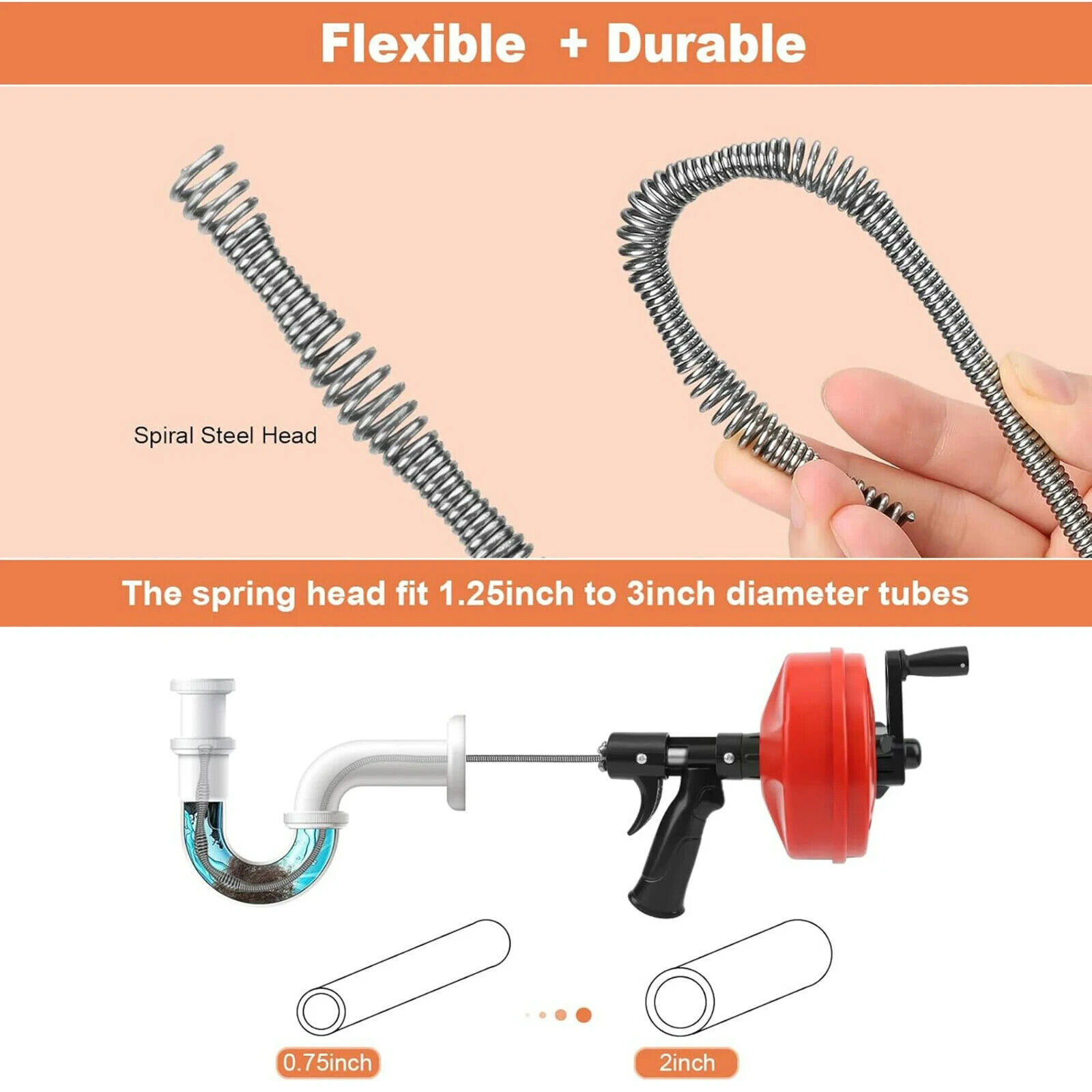 Drain Auger 25ft 1/4in Drum Plumbing Drain Snake Clog Remover Autofeed
