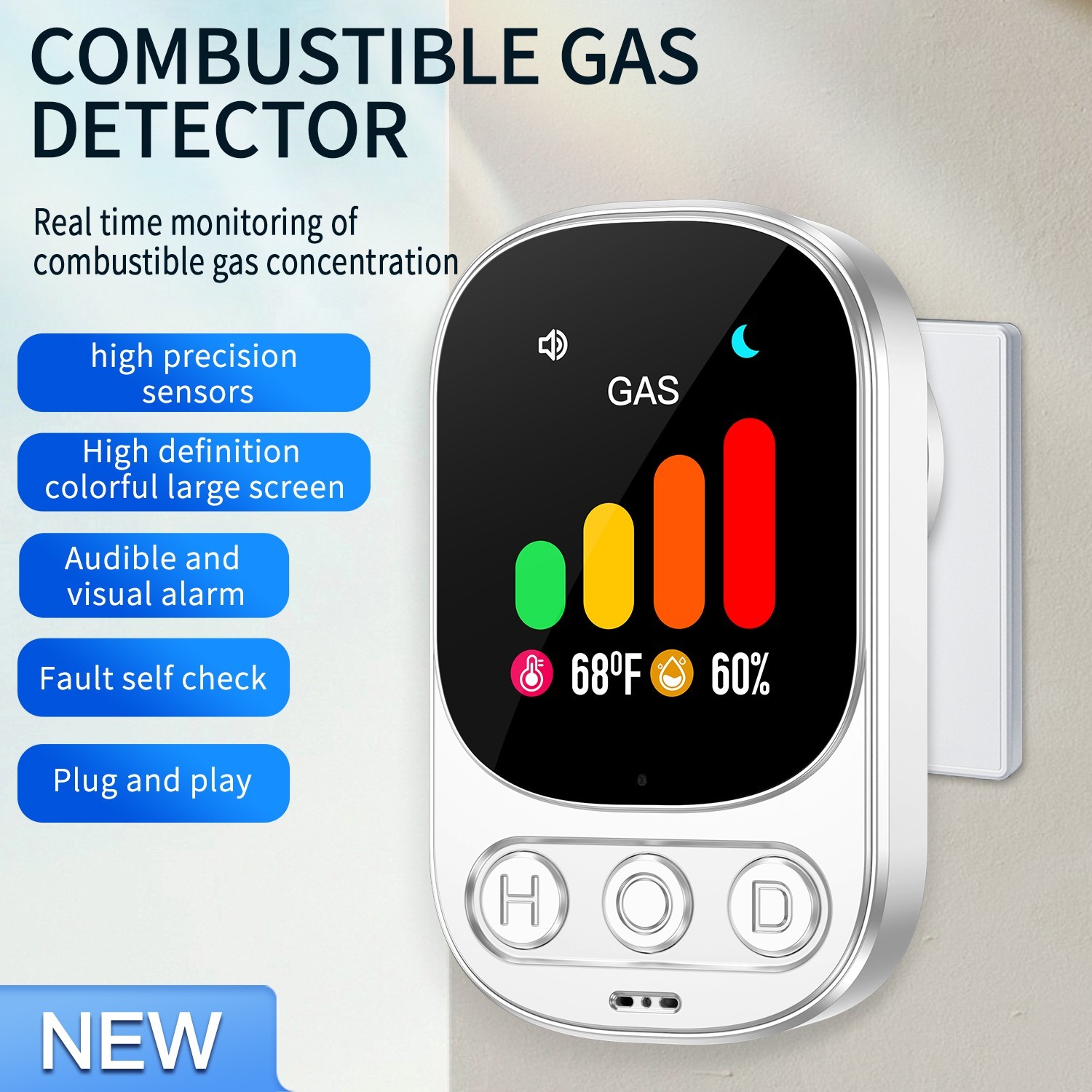 3-in-1 Gas Leak Detector Propane Methane LPG Plug-in Alarm 85dB