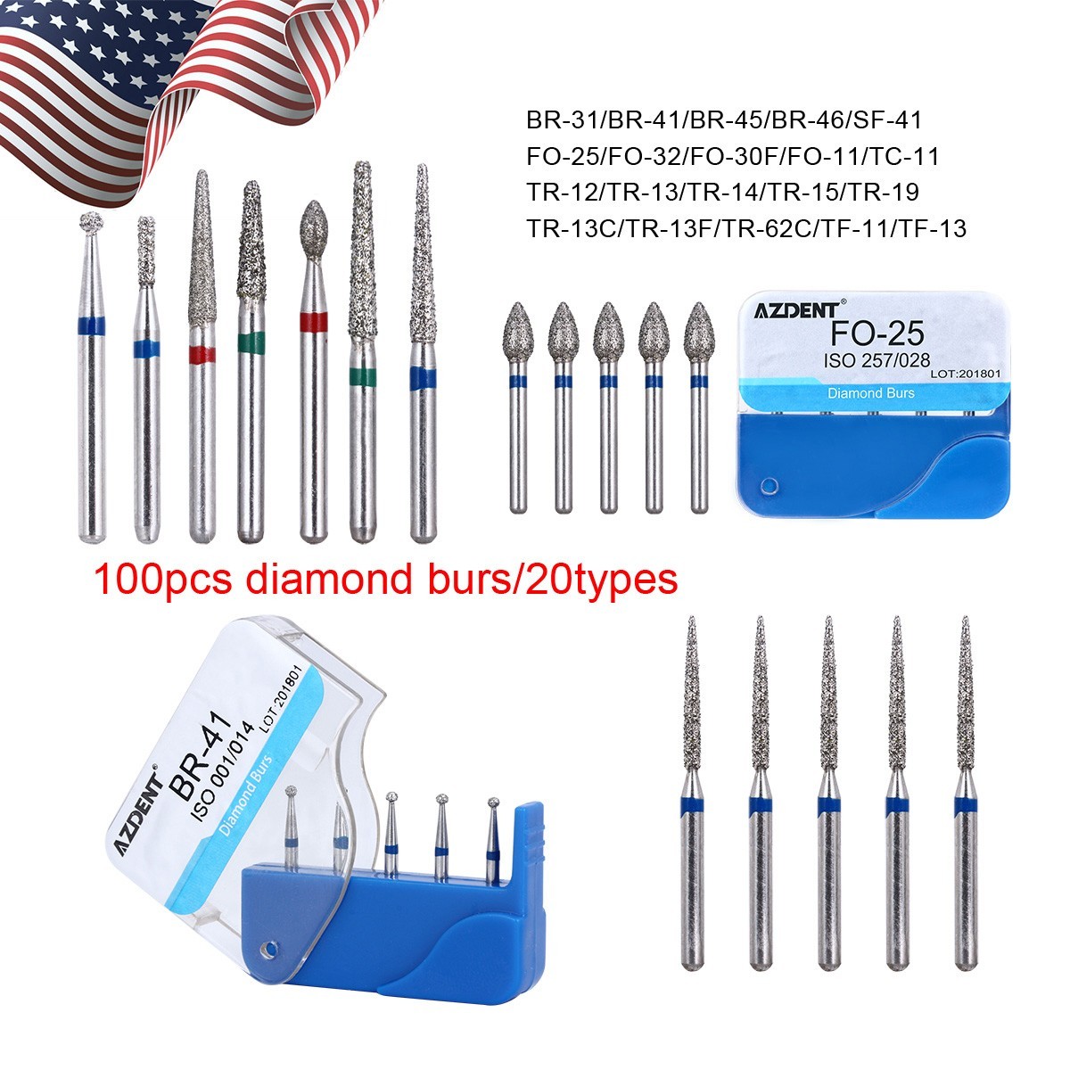 100Pcs/20Box AZDENT Dental Diamond Burs For High Speed Handpiece FG 1.6mm