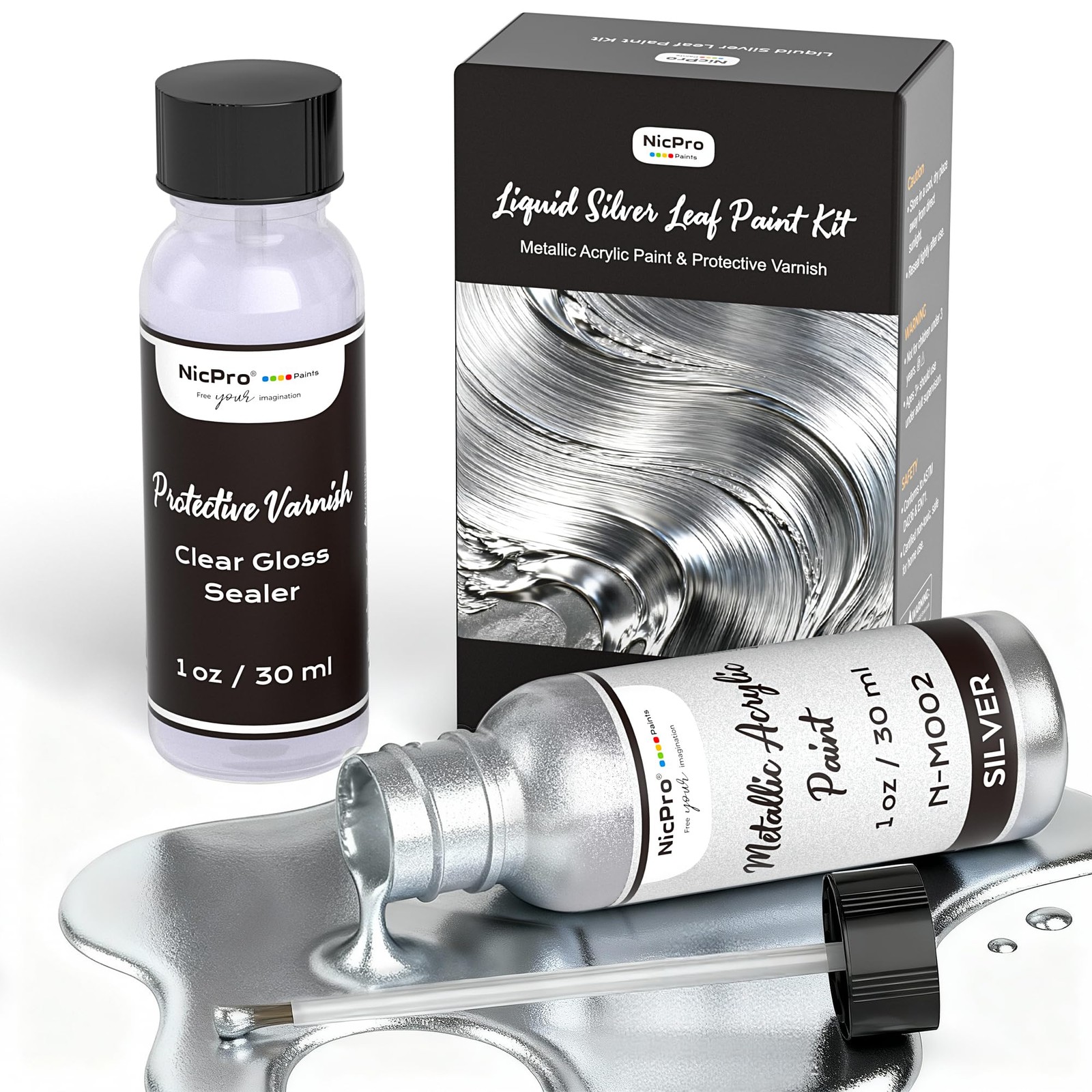 Nicpro Metallic Silver Acrylic Paint Kit – 1oz 1 Fl Oz (Pack of 2),