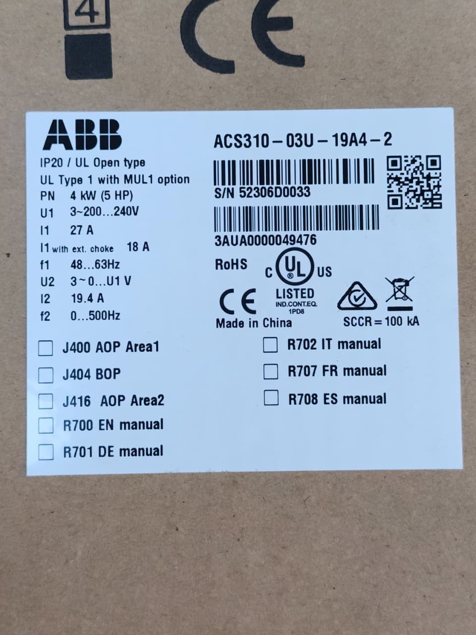 ABB ACS310-03U-19A4-2 Frequency Converter 5 HP 200-240V 3-Phase PID Control
