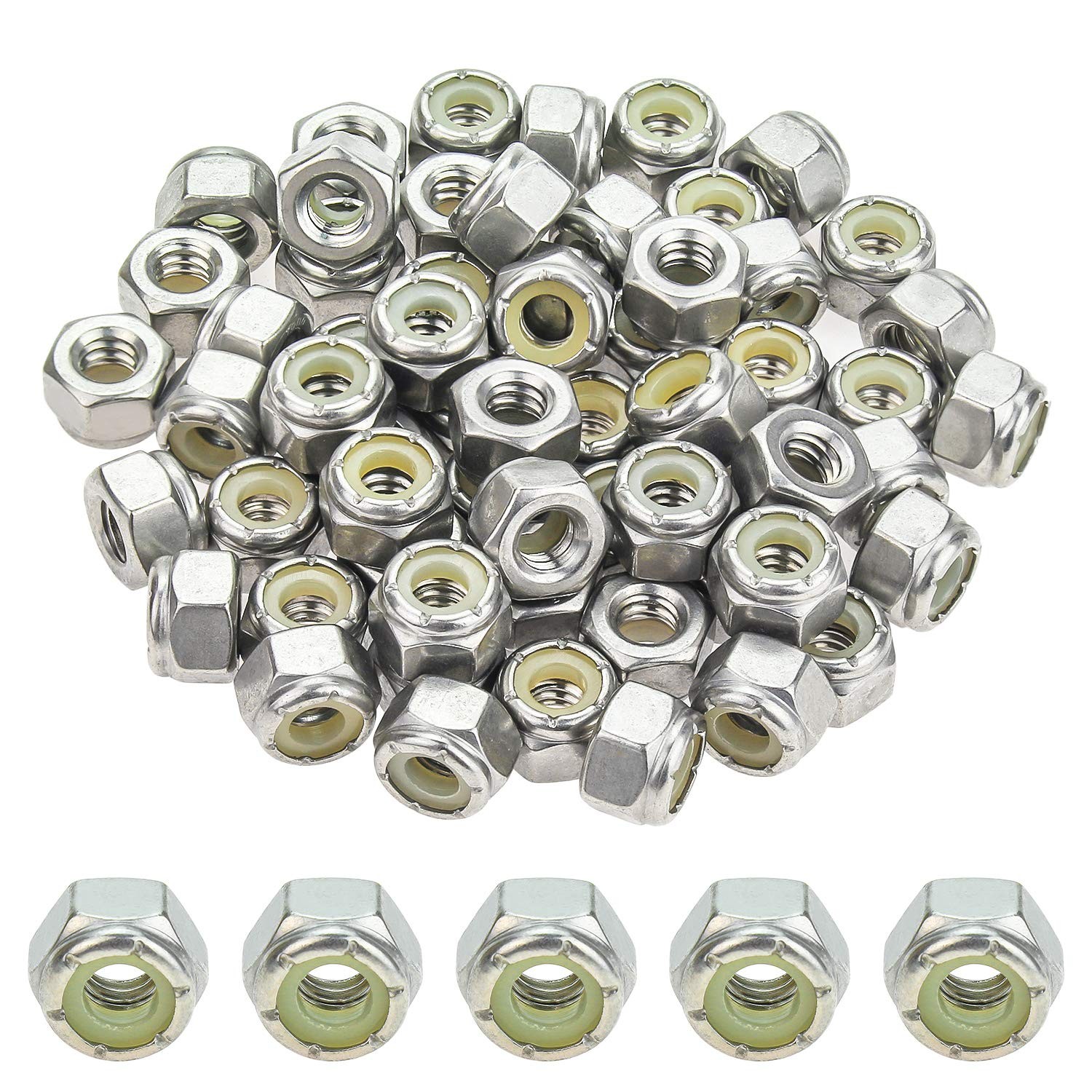 60 Pieces 1/4″-20 Nylon Insert Hex Lock Nuts, 304 Stainless Steel
