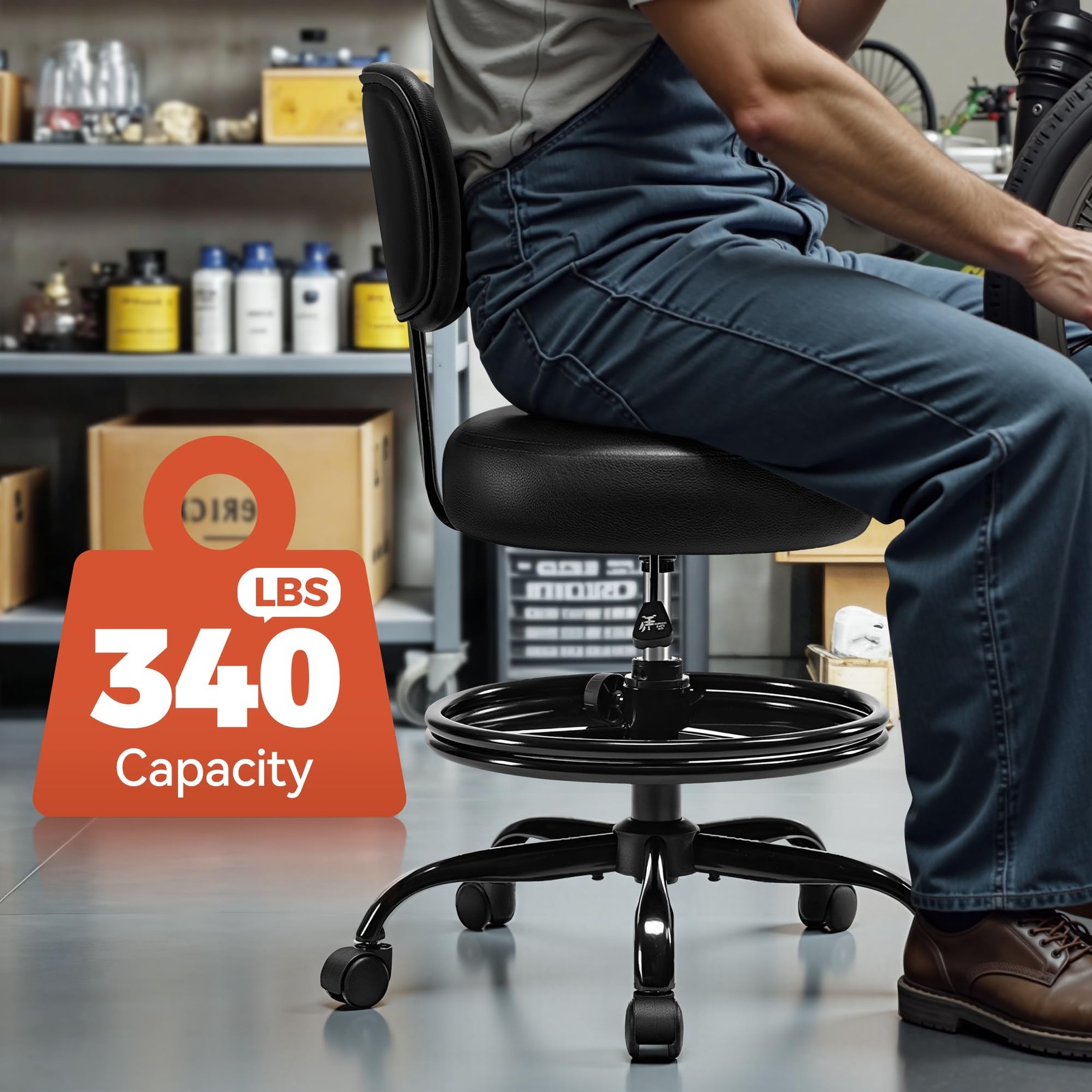 Shop Stool with Wheels for Garage, Mechanics Rolling Chair with Backrest, Adjust