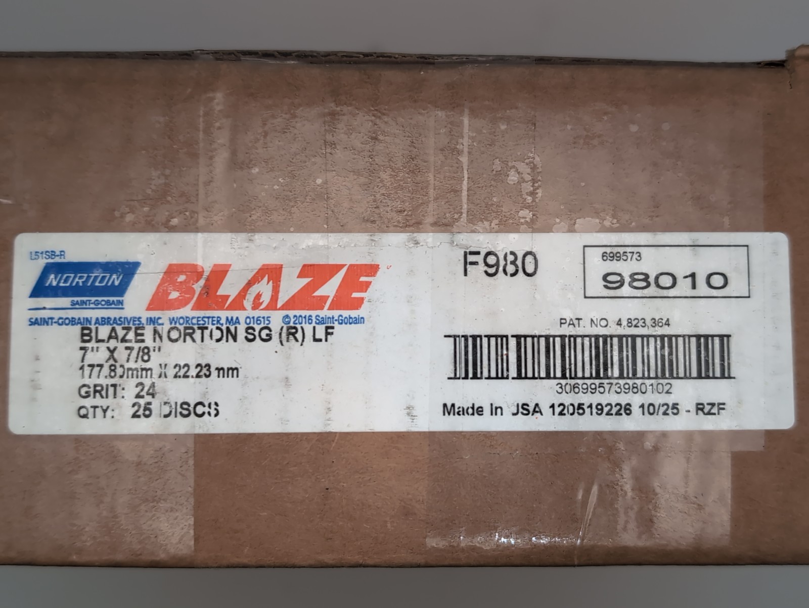 Norton Blaze SG F980 Fiber Discs 7″ x 7/8″ 24 Grit 25 Pack Box 69957398010 New