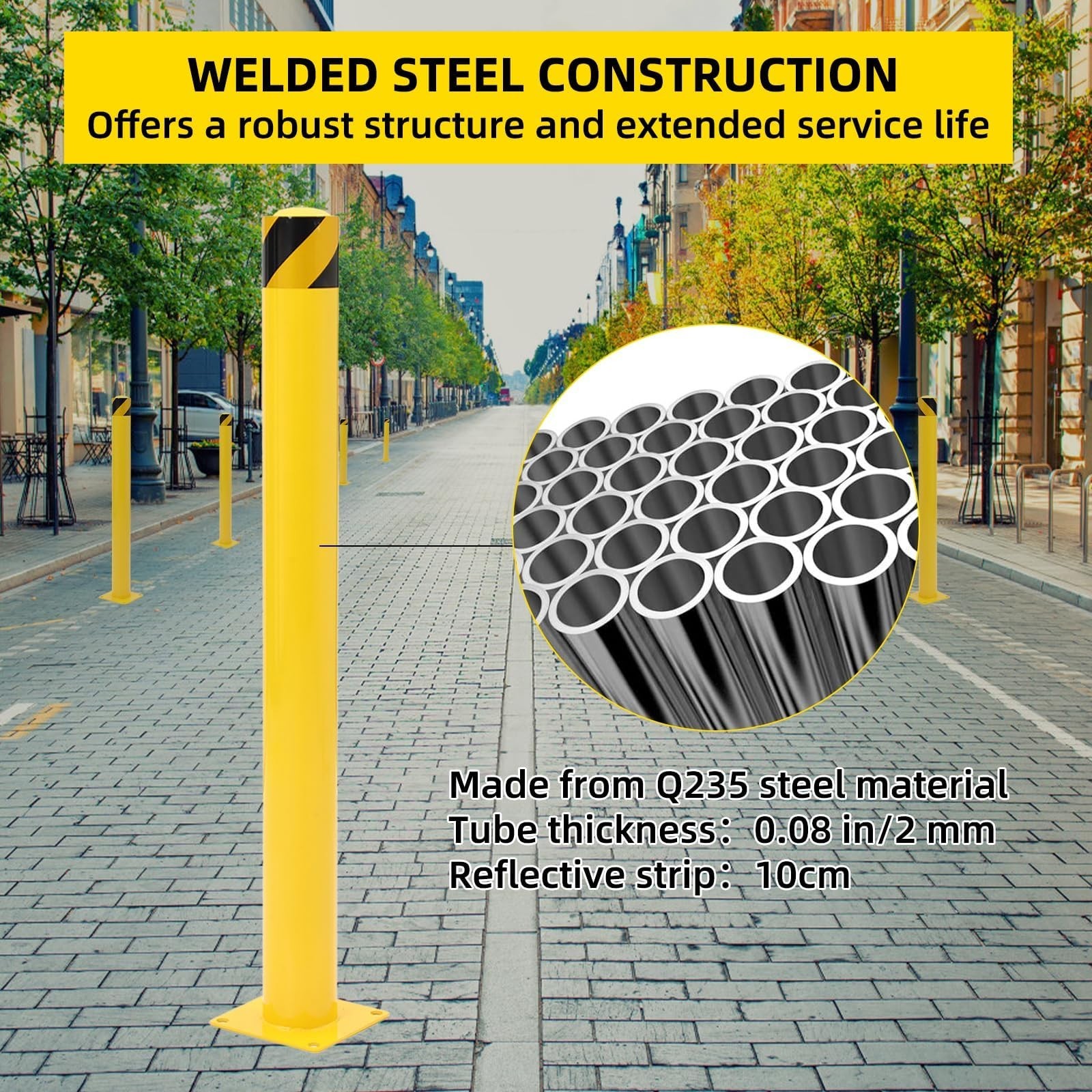 4Pack Steel Safety Bollard 48 Inch Height Bollard Post 4.5 Inch Diameter Yellow
