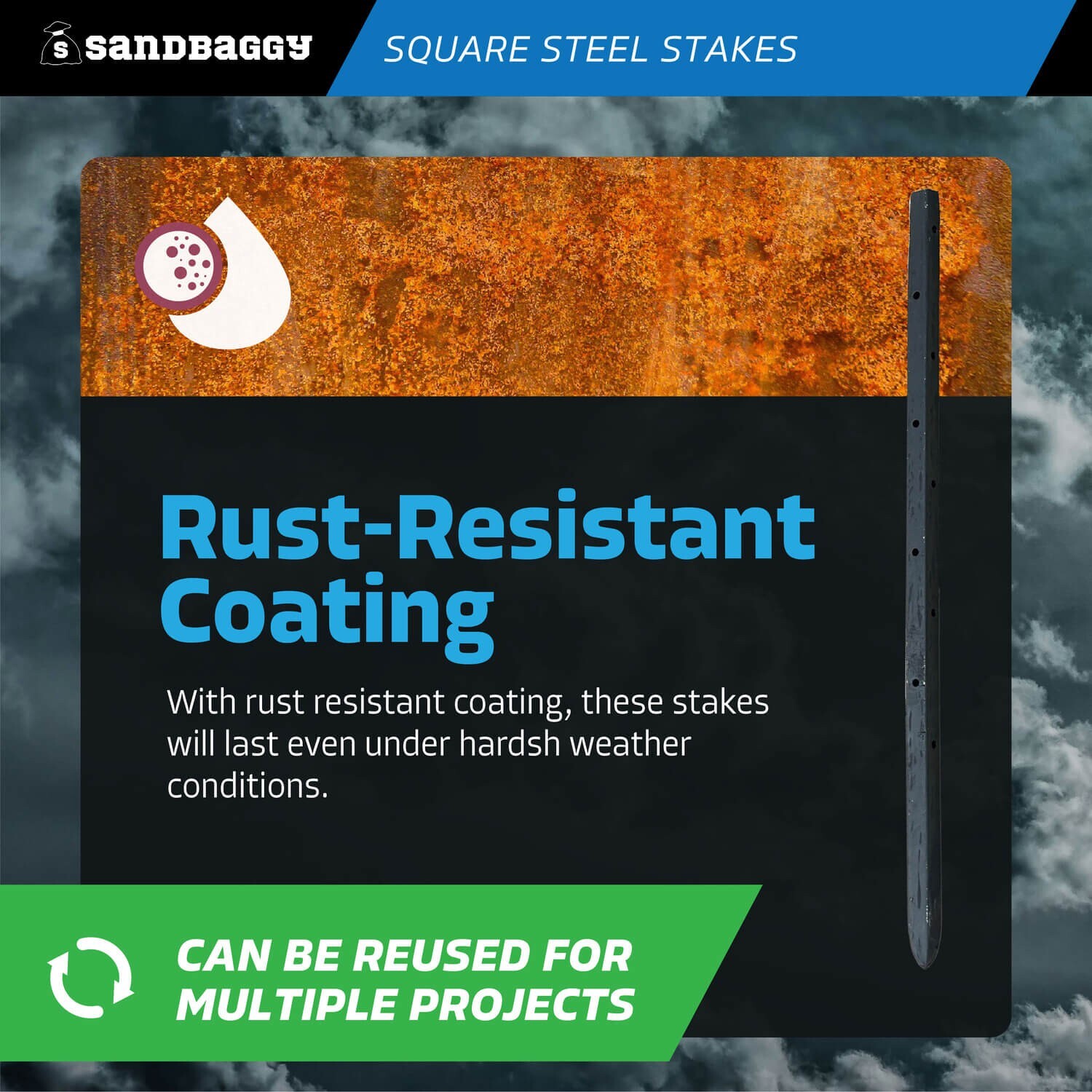 Sandbaggy 36″ Square Steel Concrete Form Stakes with Nail Holes – Rust Resistant