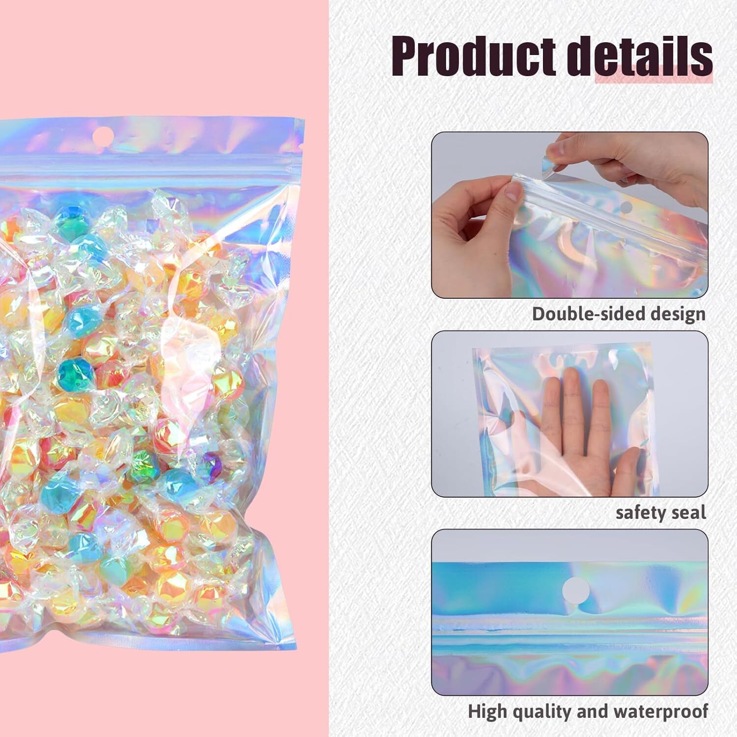 100-400 Smell Proof Mylar Bags Holographic Resealable Food Ziplock Foil Pouches