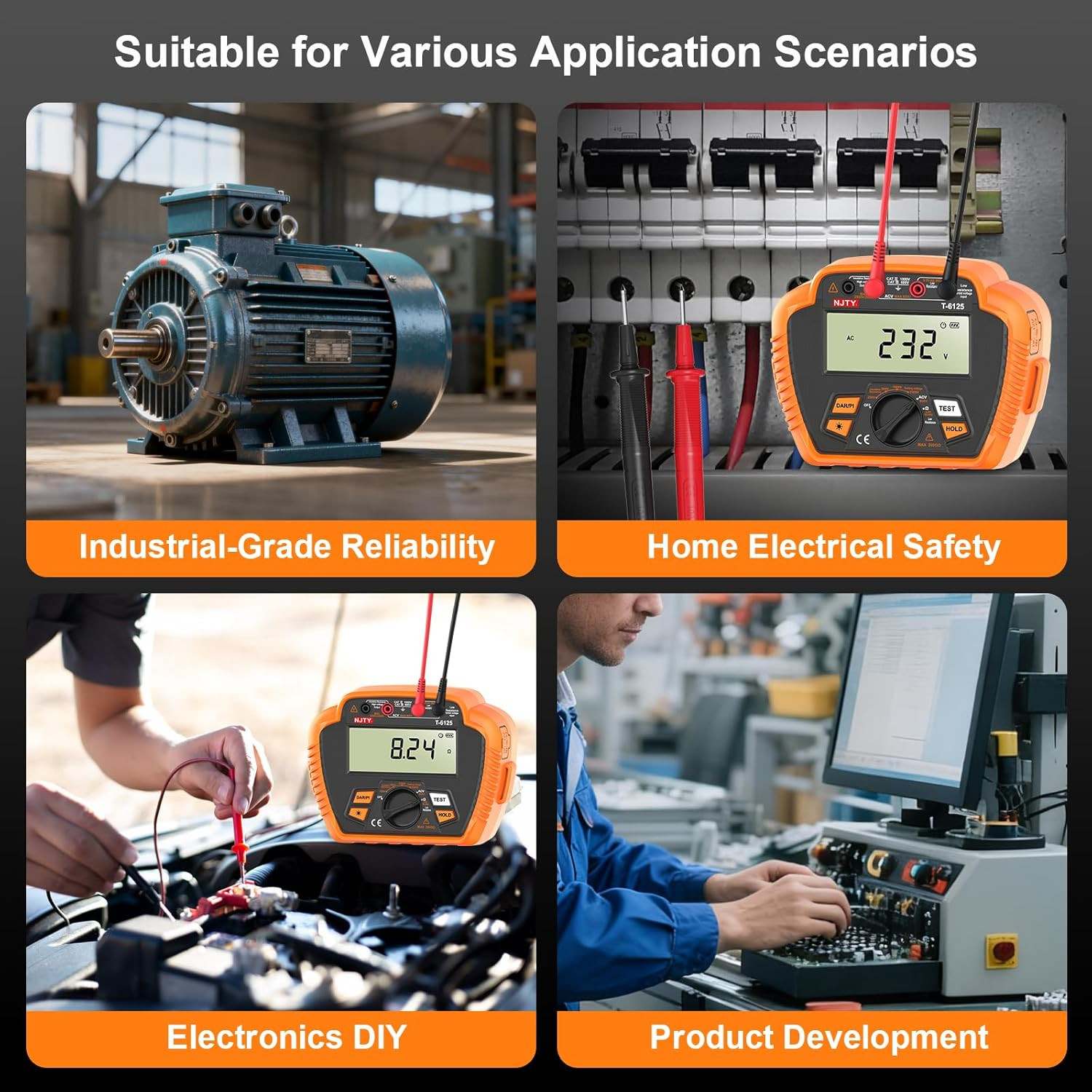 T6125 Digital 2500V Insulation Tester with Backlit LCD & Data Hold