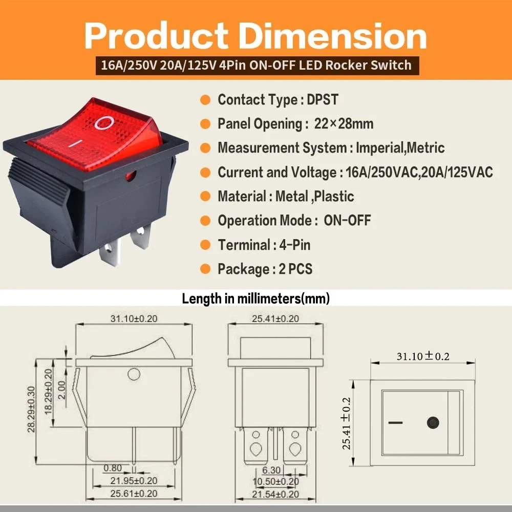 2 Pcs Rocker Switch DPST 4 Pins 2 Position on off Red LED Light 20A 125V 16A 250